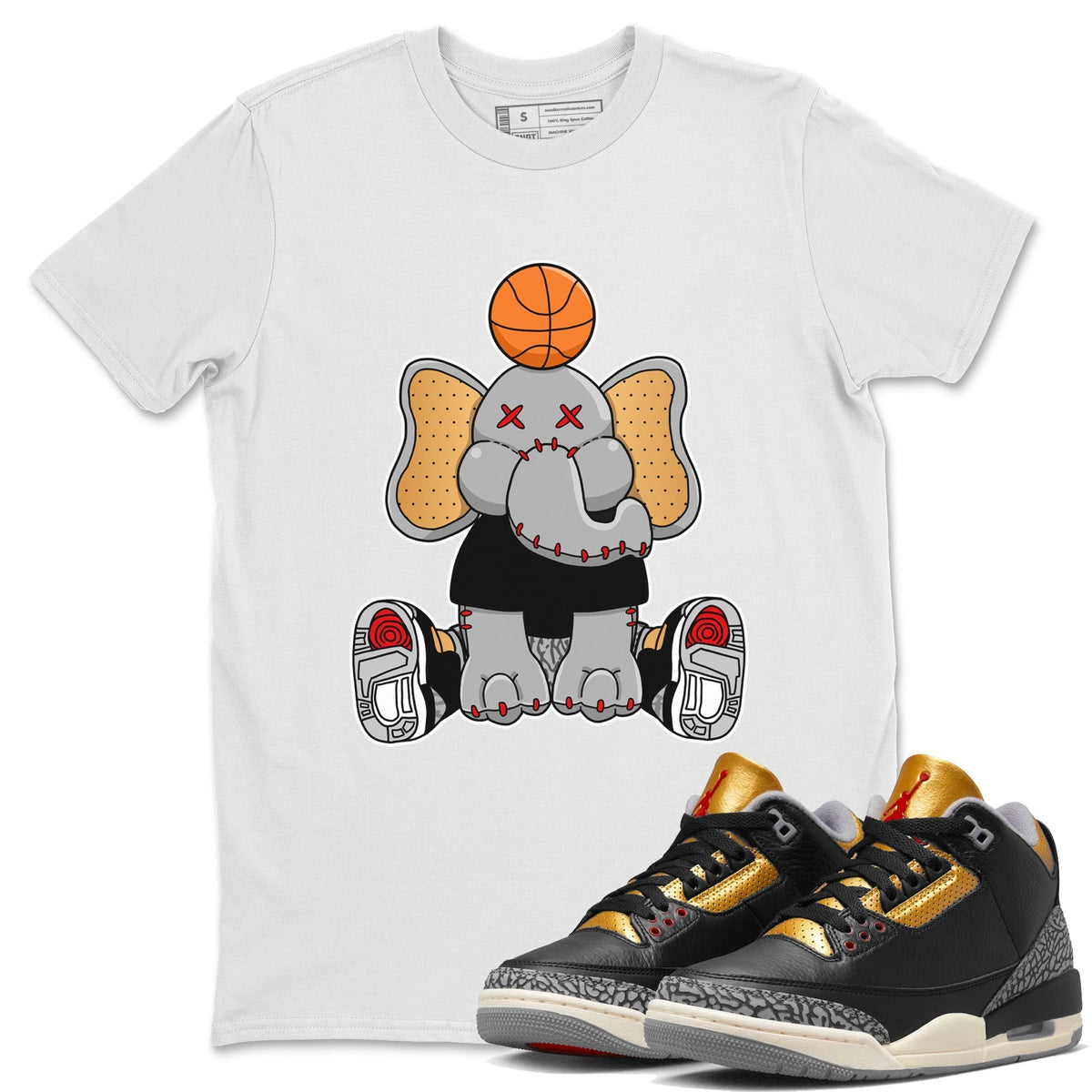 Jordan 3 Black Gold Sneaker Matching T-Shirt Elephant Doll Sneaker Tees Jordan 3 Black Gold Sneaker Release Tees Crew Neck Tees