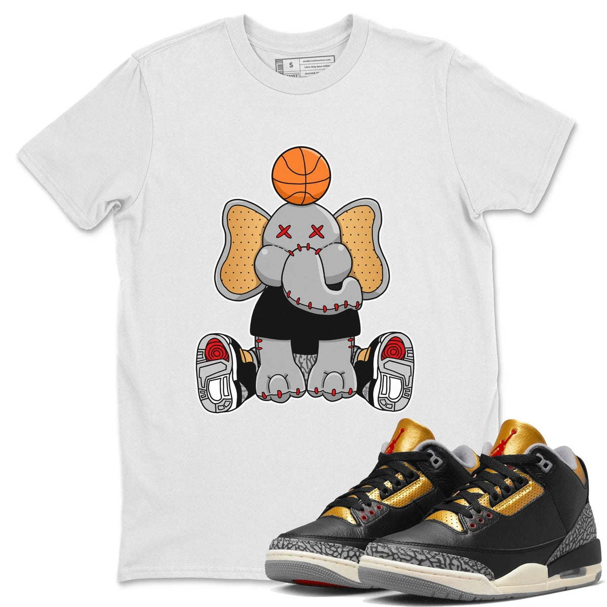 Jordan 3 Black Gold Sneaker Matching T-Shirt Elephant Doll Sneaker Tees Jordan 3 Black Gold Sneaker Release Tees Crew Neck Tees
