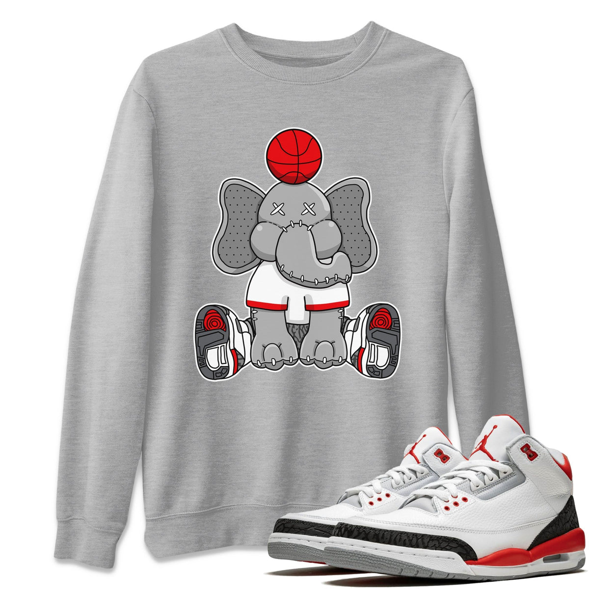 Jordan 3 Fire Red Sneaker Matching T-Shirt Elephant Doll Sneaker Tees Jordan 3 Fire Red Sneaker Release Tees Crew Neck Tees