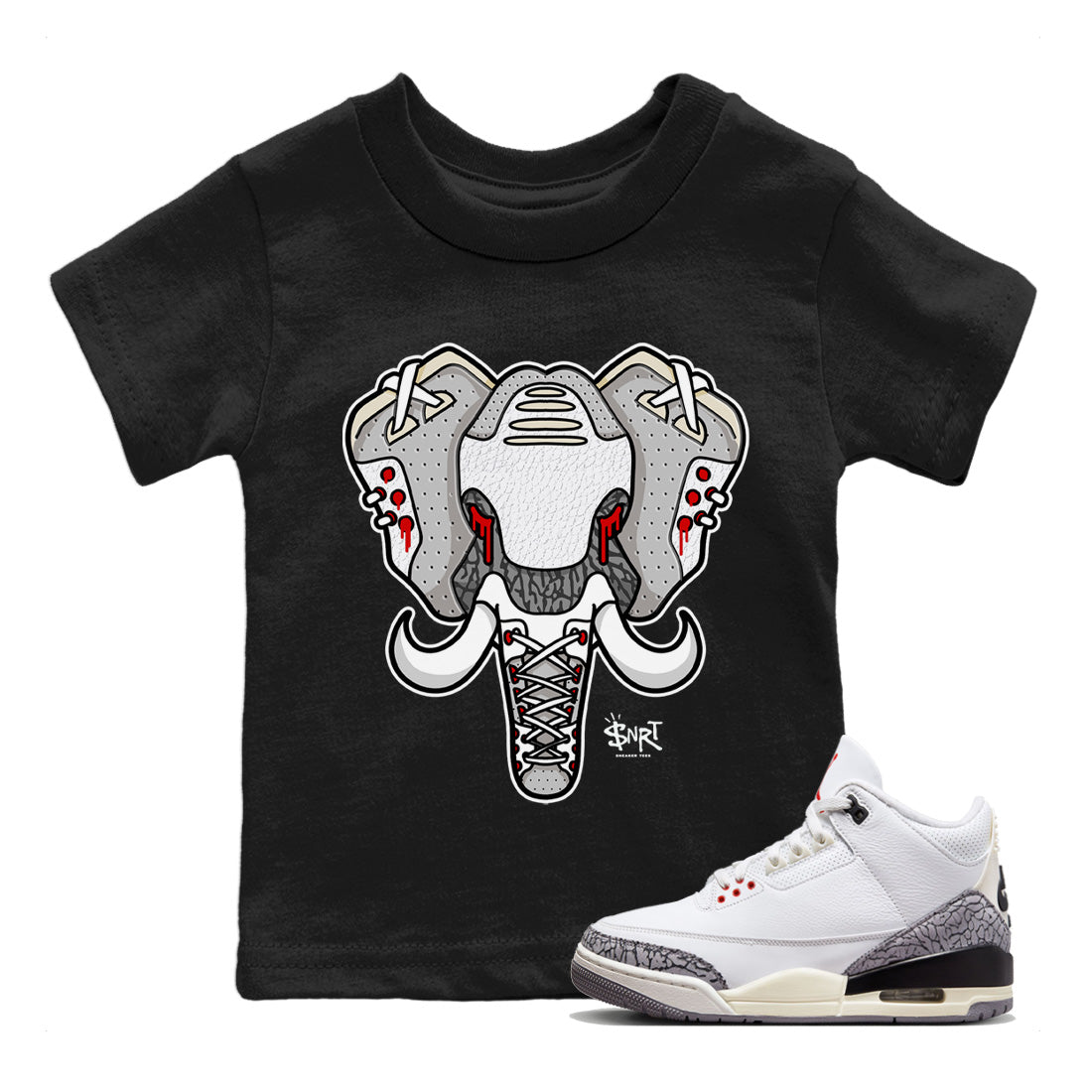 Air Jordan 3 White Cement Shirt To Match Jordans Elephant Symbol Sneaker Tees Air Jordan 3 Retro White Cement Drip Gear Zone Sneaker Matching Clothing Kids Shirts Black 1