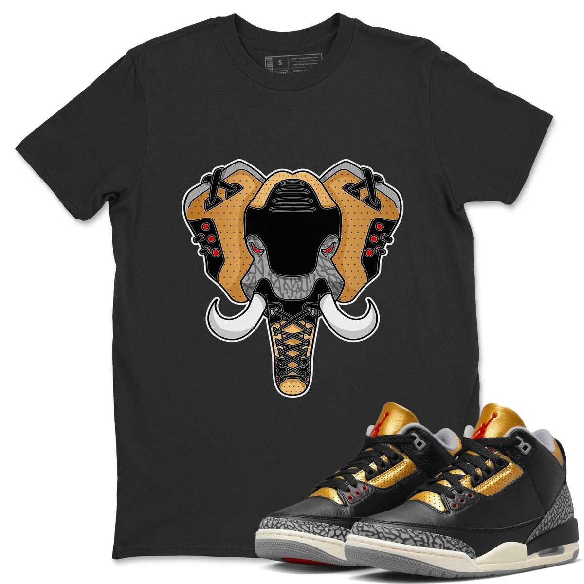 Jordan 3 Black Gold Sneaker Matching T-Shirt Elephant Symbol Sneaker Tees Jordan 3 Black Gold Sneaker Release Tees Crew Neck Tees