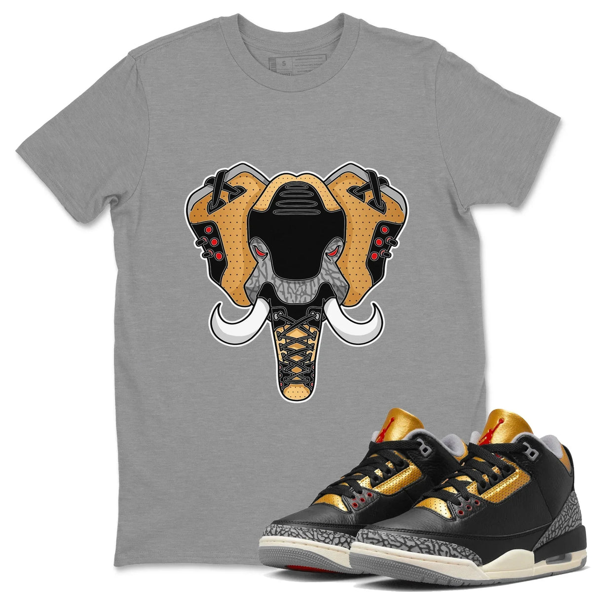 Jordan 3 Black Gold Sneaker Matching T-Shirt Elephant Symbol Sneaker Tees Jordan 3 Black Gold Sneaker Release Tees Crew Neck Tees