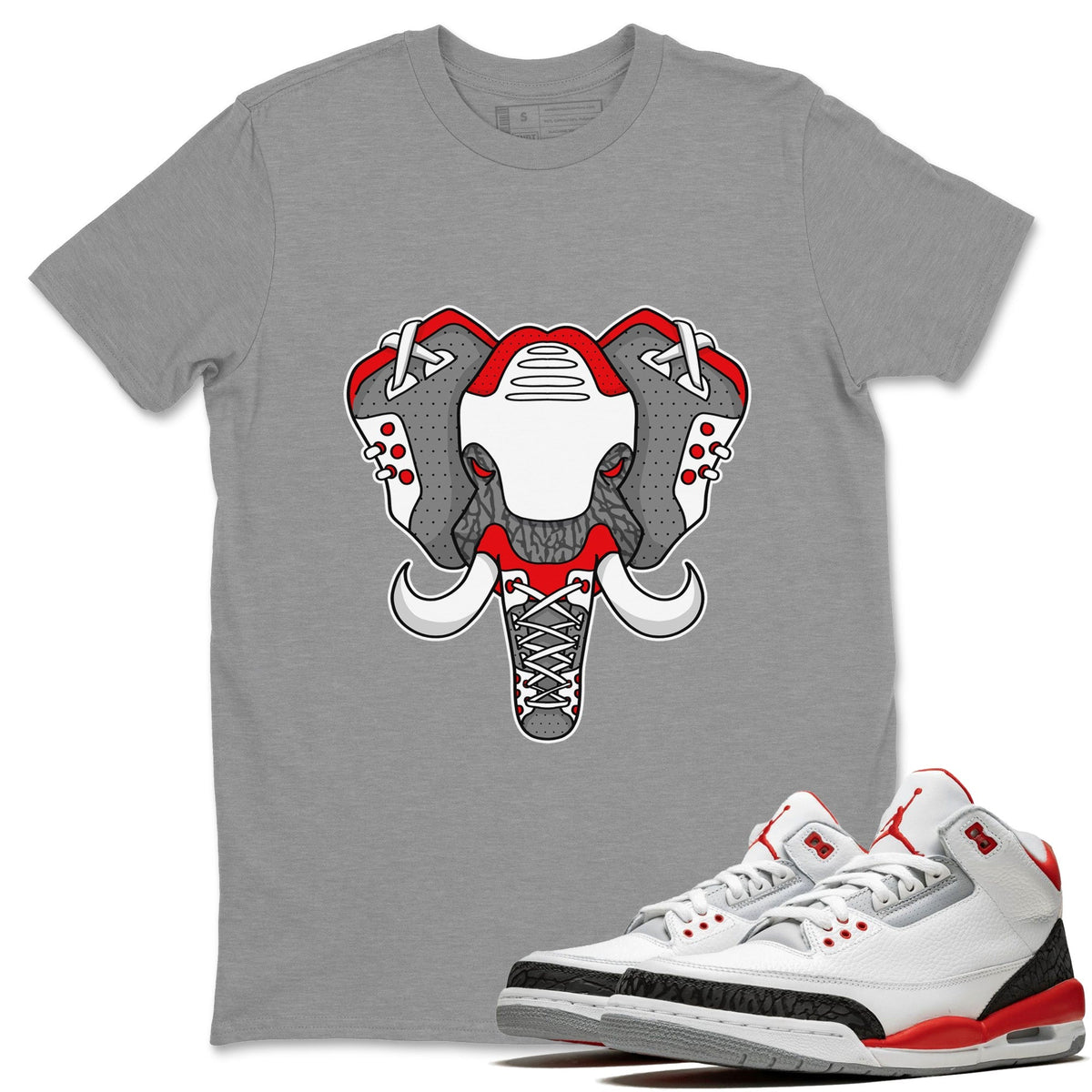 Jordan 3 Fire Red Sneaker Matching T-Shirt Elephant Symbol Sneaker Tees Jordan 3 Fire Red Sneaker Release Tees Crew Neck Tees