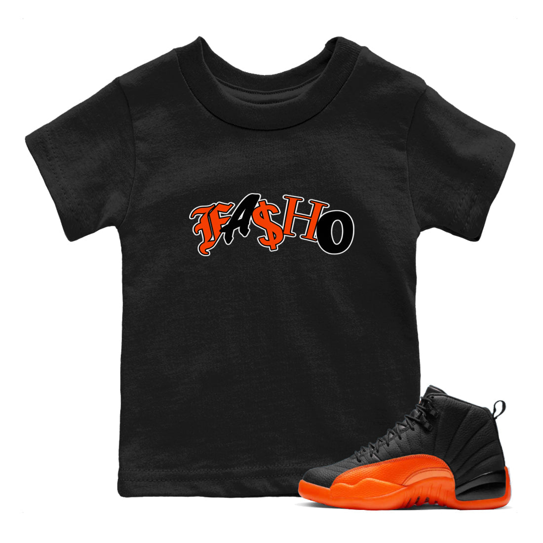 Air Jordan 12 Brilliant Orange Sneaker Match Tees Fasho Streetwear Sneaker Shirt AJ12 Brilliant Orange Sneaker Release Tees Kids Shirts Black 1