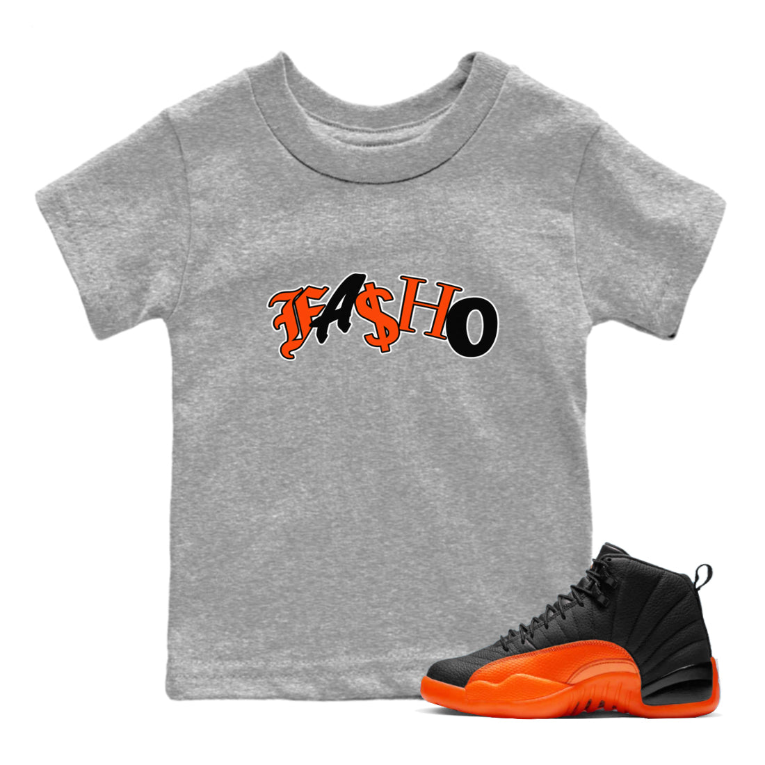 Air Jordan 12 Brilliant Orange Sneaker Match Tees Fasho Streetwear Sneaker Shirt AJ12 Brilliant Orange Sneaker Release Tees Kids Shirts Heather Grey 1