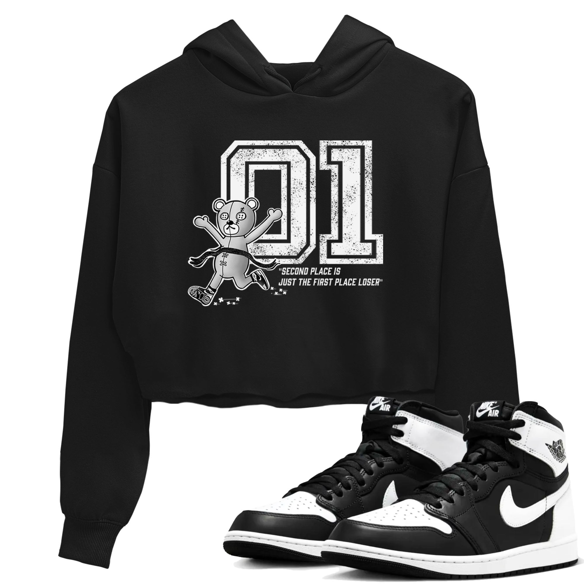 1s Black White shirt to match jordans First Place Winner sneaker tees Air Jordan 1 Black White Drip Gear Zone Black 1 crop length shirt