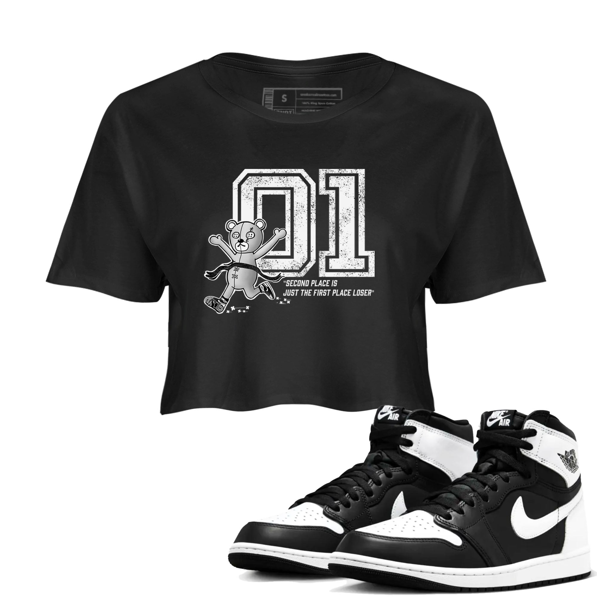 1s Black White shirt to match jordans First Place Winner sneaker tees Air Jordan 1 Black White Drip Gear Zone Black 1 crop length shirt