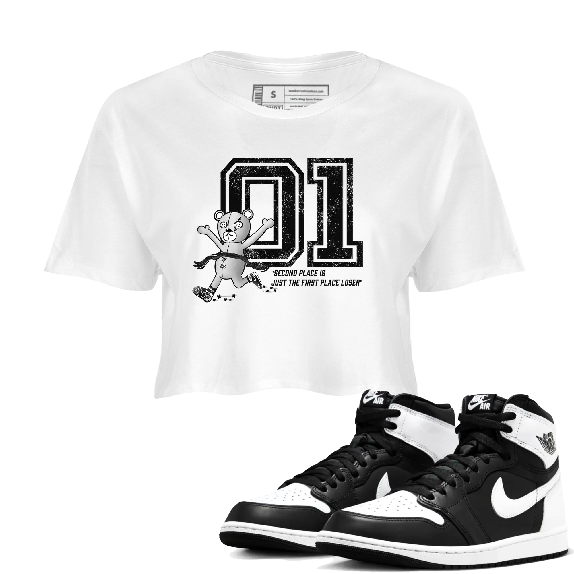 1s Black White shirt to match jordans First Place Winner sneaker tees Air Jordan 1 Black White Drip Gear Zone White 1 crop length shirt