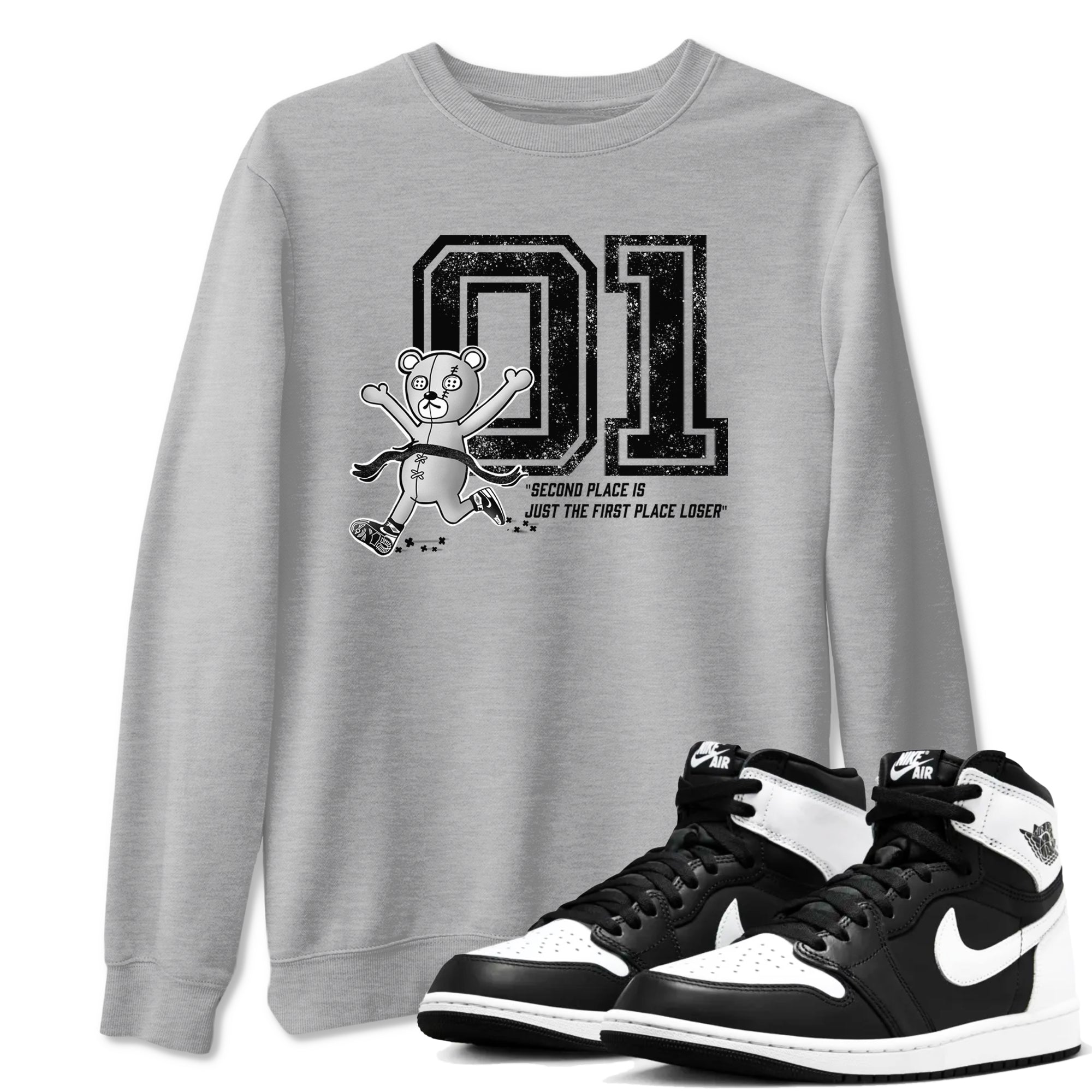 1s Black White shirt to match jordans First Place Winner sneaker tees Air Jordan 1 Black White Drip Gear Zone unisex cotton Heather Grey 1 crew neck shirt