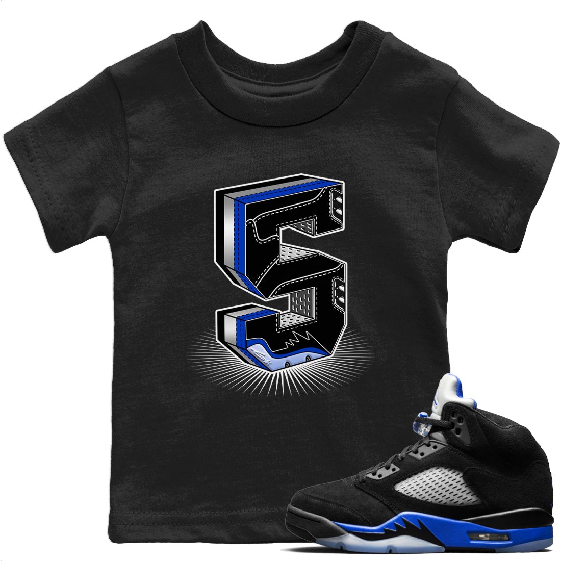 Jordan 5 Racer Blue Sneaker Matching T-Shirt Five Statue Sneaker Tees Jordan 5 Racer Blue Sneaker Release Tees Kids Shirts