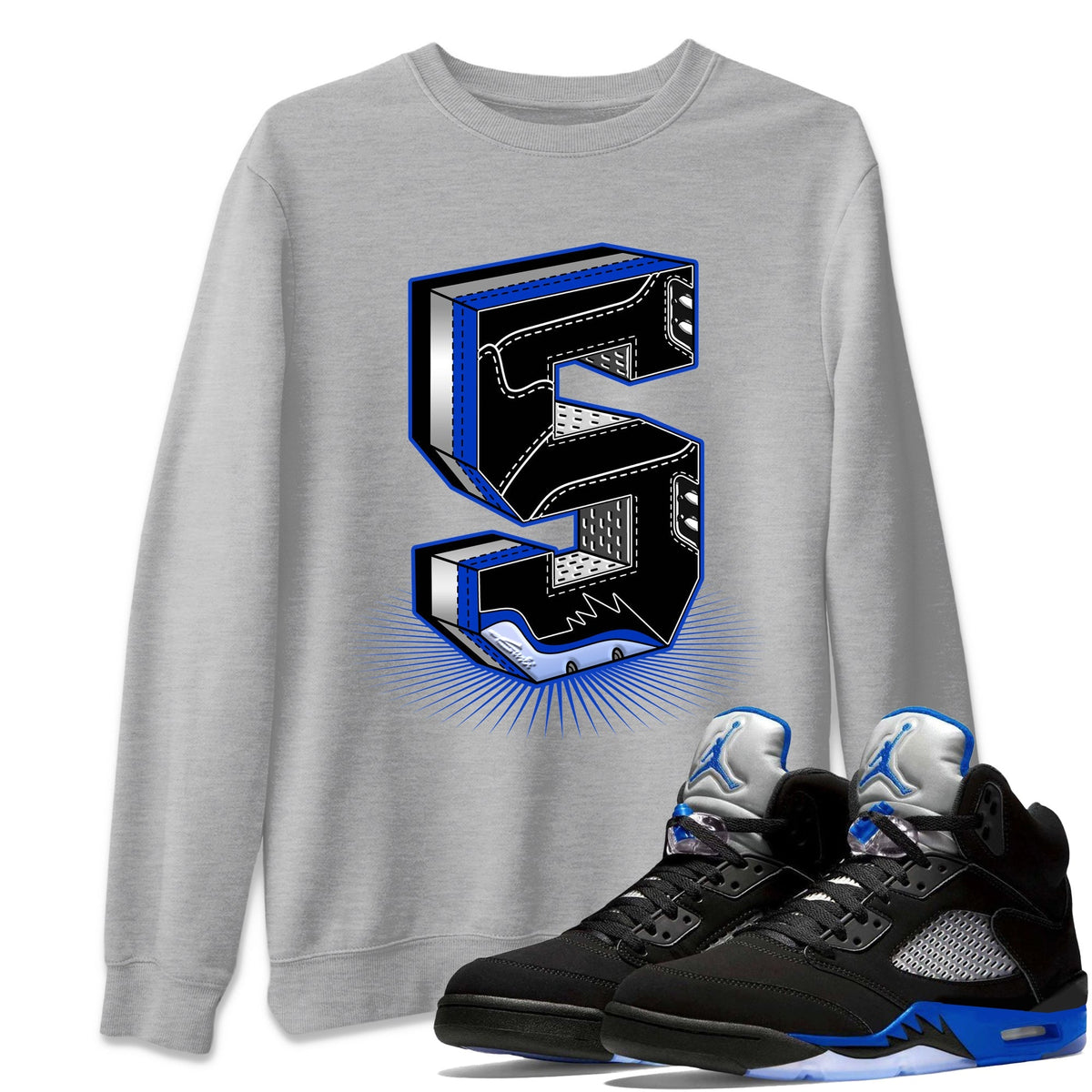Jordan 5 Racer Blue Sneaker Matching T-Shirt Five Statue Sneaker Tees Jordan 5 Racer Blue Sneaker Release Tees Crew Neck Tees