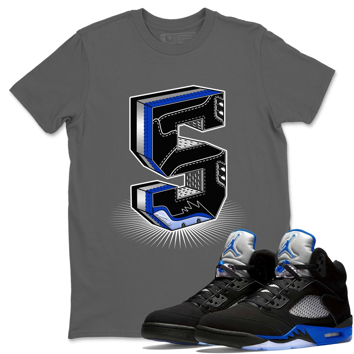 Jordan 5 Racer Blue Sneaker Matching T-Shirt Five Statue Sneaker Tees Jordan 5 Racer Blue Sneaker Release Tees Crew Neck Tees