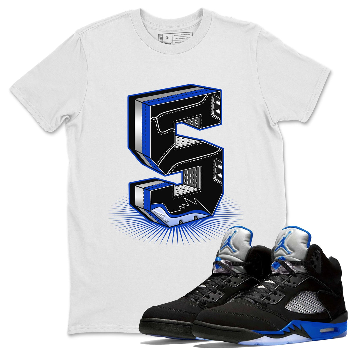 Jordan 5 Racer Blue Sneaker Matching T-Shirt Five Statue Sneaker Tees Jordan 5 Racer Blue Sneaker Release Tees Crew Neck Tees