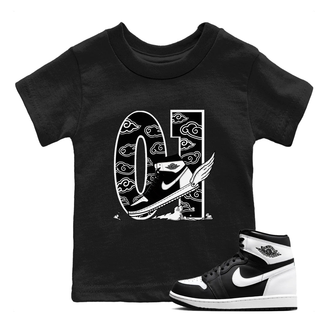 1s Black White shirt to match jordans Fly To The Clouds sneaker tees Air Jordan 1 Retro Black White Drip Gear Zone baby toddler Black 1 cotton Shirt