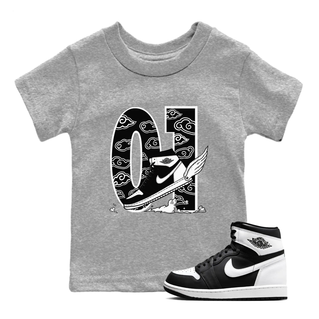 1s Black White shirt to match jordans Fly To The Clouds sneaker tees Air Jordan 1 Retro Black White Drip Gear Zone baby toddler Heather Grey 1 cotton Shirt