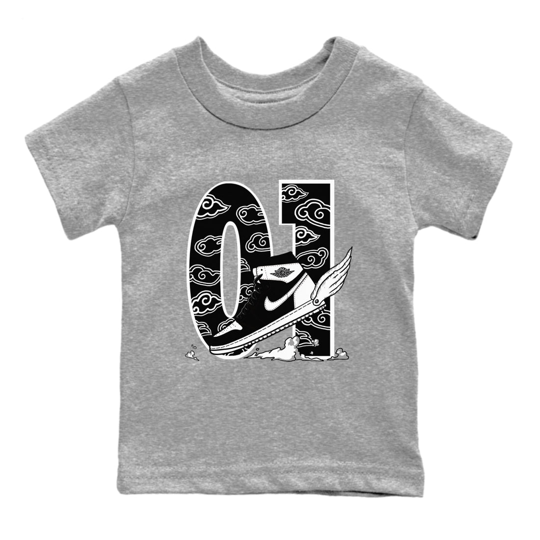 1s Black White shirt to match jordans Fly To The Clouds sneaker tees Air Jordan 1 Retro Black White Drip Gear Zone baby toddler Heather Grey 2 cotton Shirt