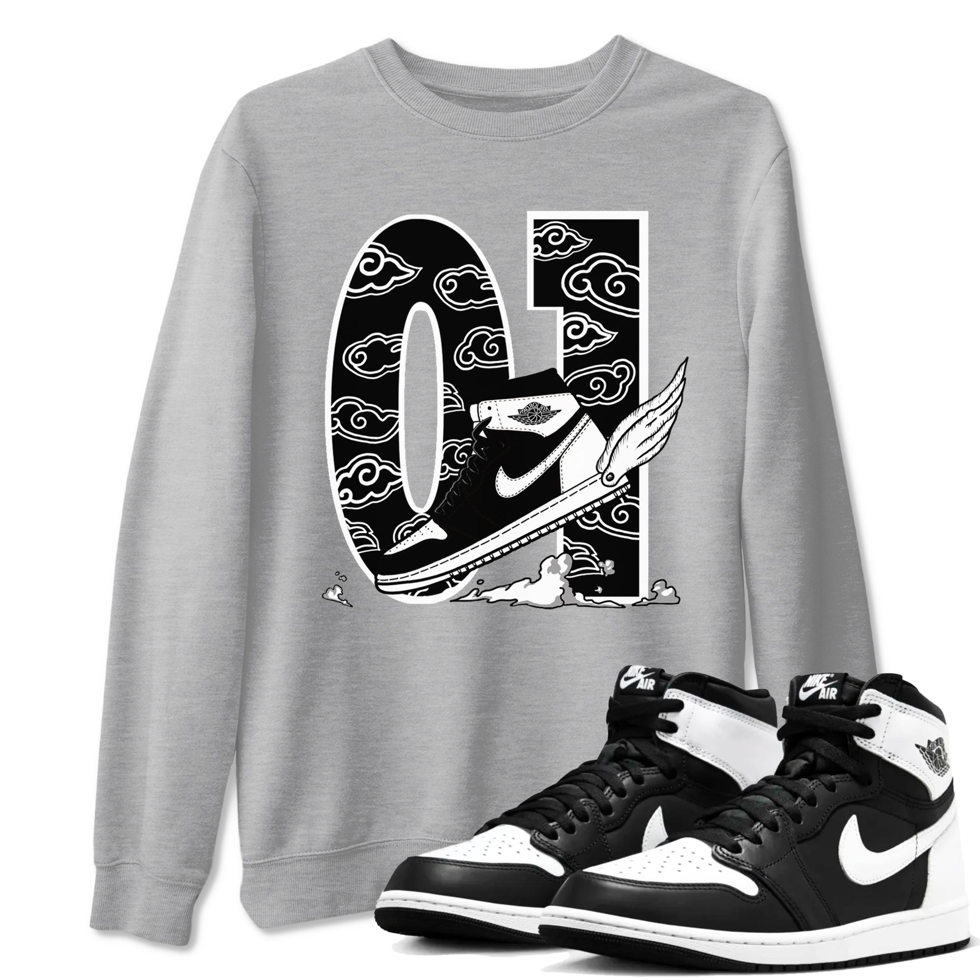 1s Black White shirt to match jordans Fly To The Clouds sneaker tees Air Jordan 1 Retro Black White Drip Gear Zone unisex cotton Heather Grey 1 crew neck shirt