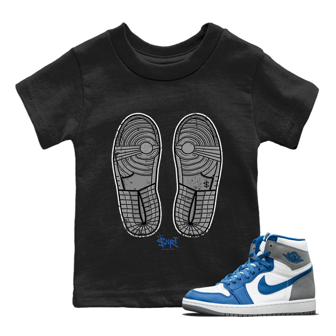 Jordan 1 True Blue Sneaker Matching T-Shirt Footprint Sneaker Tees Jordan 1 True Blue Sneaker Release Tees Kids Shirts