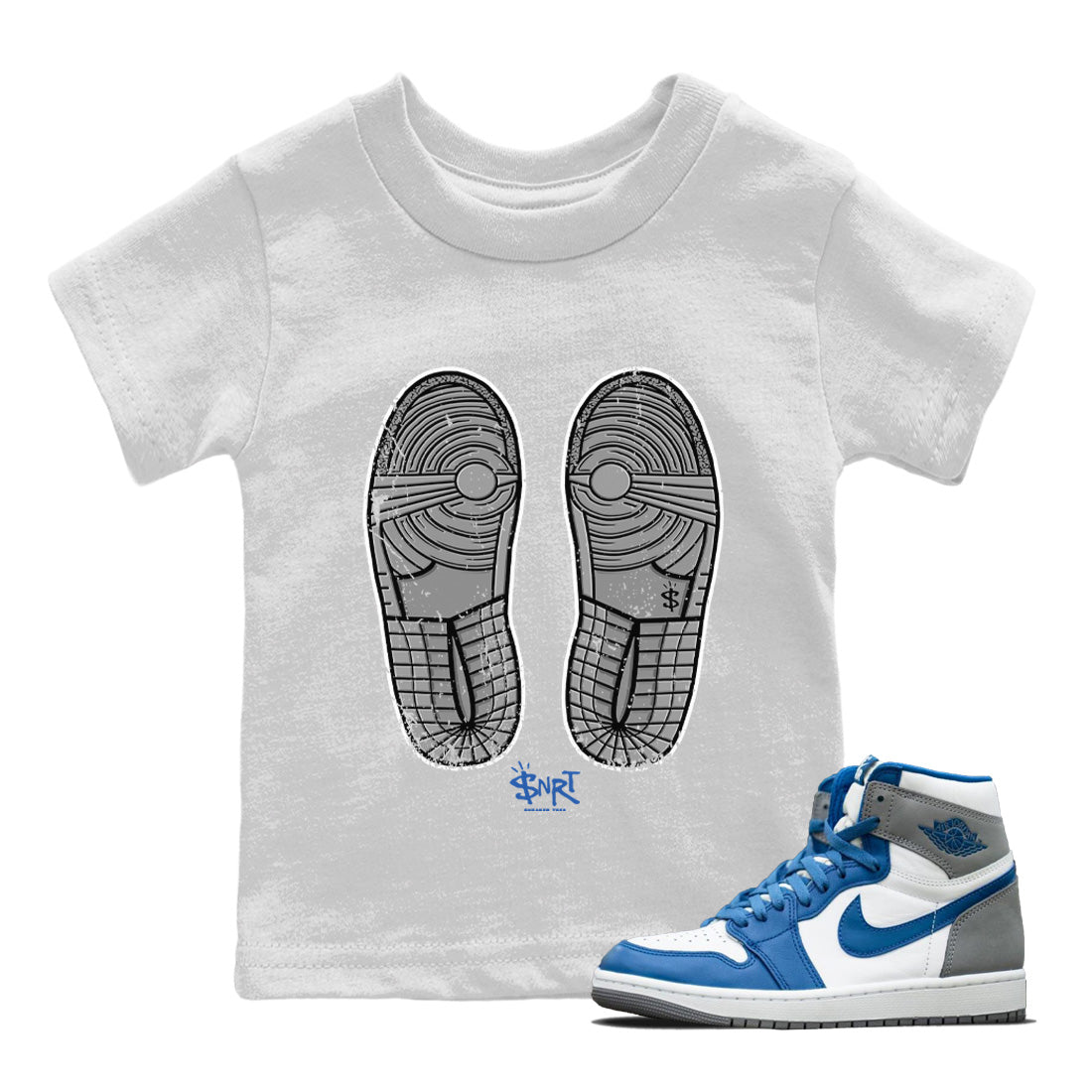 Jordan 1 True Blue Sneaker Matching T-Shirt Footprint Sneaker Tees Jordan 1 True Blue Sneaker Release Tees Kids Shirts
