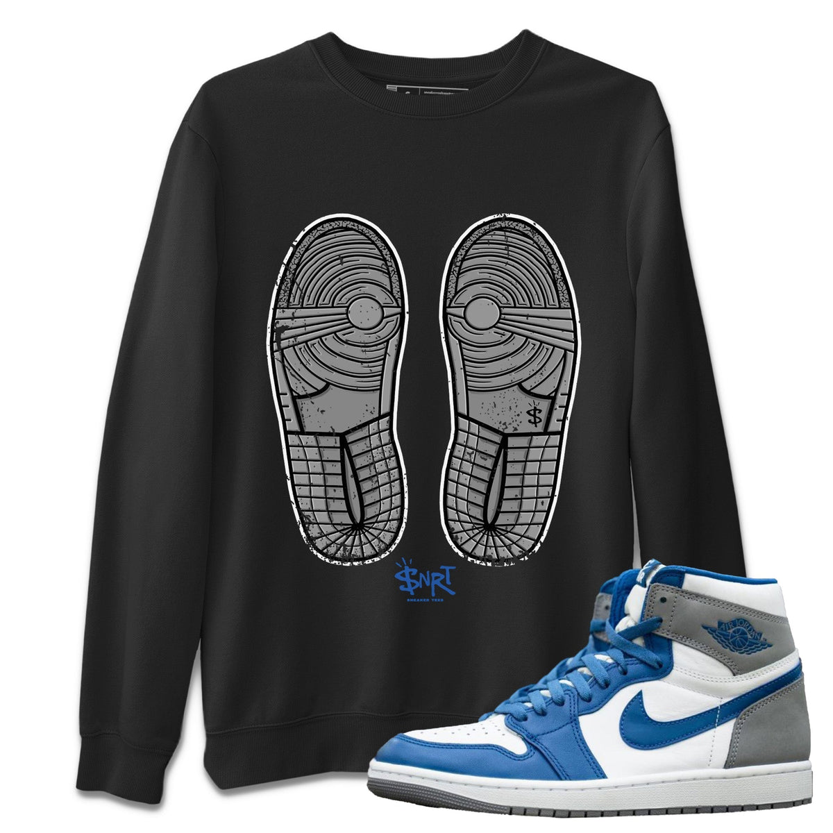 Jordan 1 True Blue Sneaker Matching T-Shirt Footprint Sneaker Tees Jordan 1 True Blue Sneaker Release Tees Crew Neck Tees