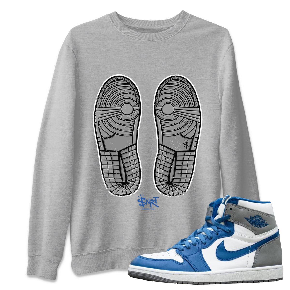 Jordan 1 True Blue Sneaker Matching T-Shirt Footprint Sneaker Tees Jordan 1 True Blue Sneaker Release Tees Crew Neck Tees