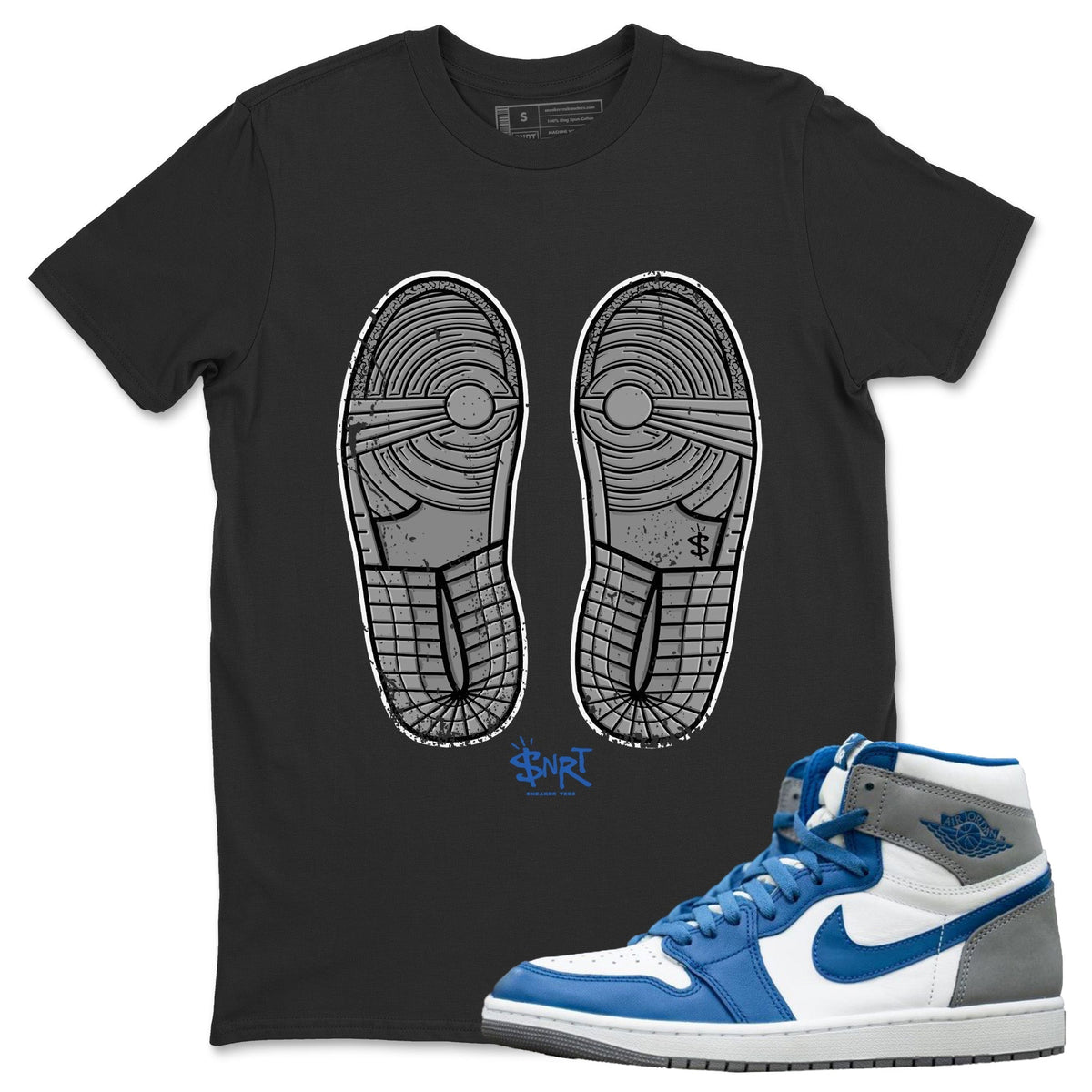 Jordan 1 True Blue Sneaker Matching T-Shirt Footprint Sneaker Tees Jordan 1 True Blue Sneaker Release Tees Crew Neck Tees