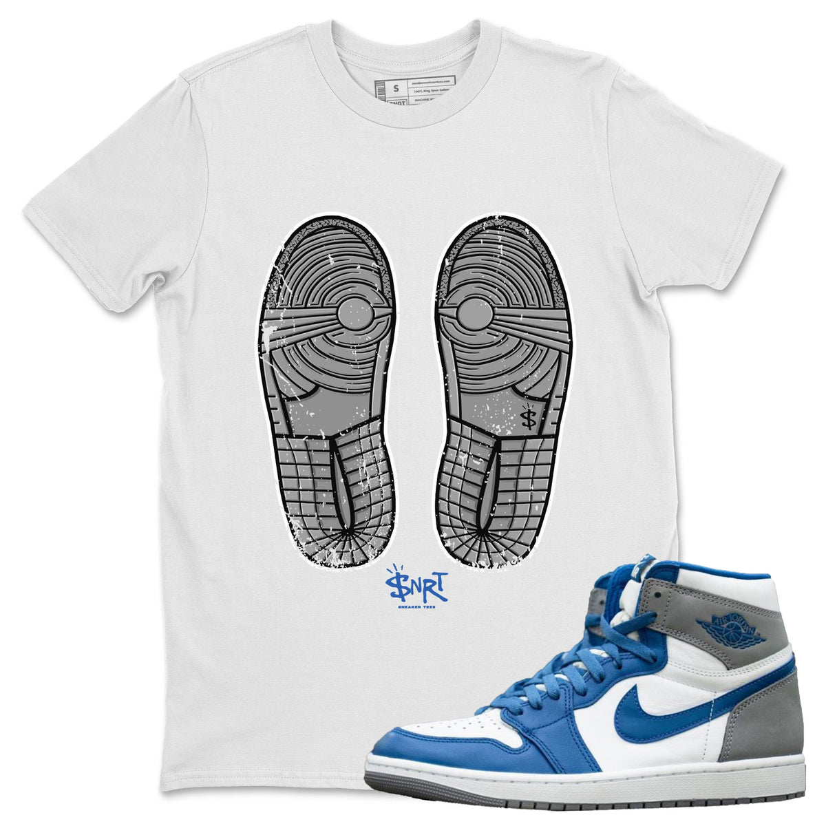 Jordan 1 True Blue Sneaker Matching T-Shirt Footprint Sneaker Tees Jordan 1 True Blue Sneaker Release Tees Crew Neck Tees