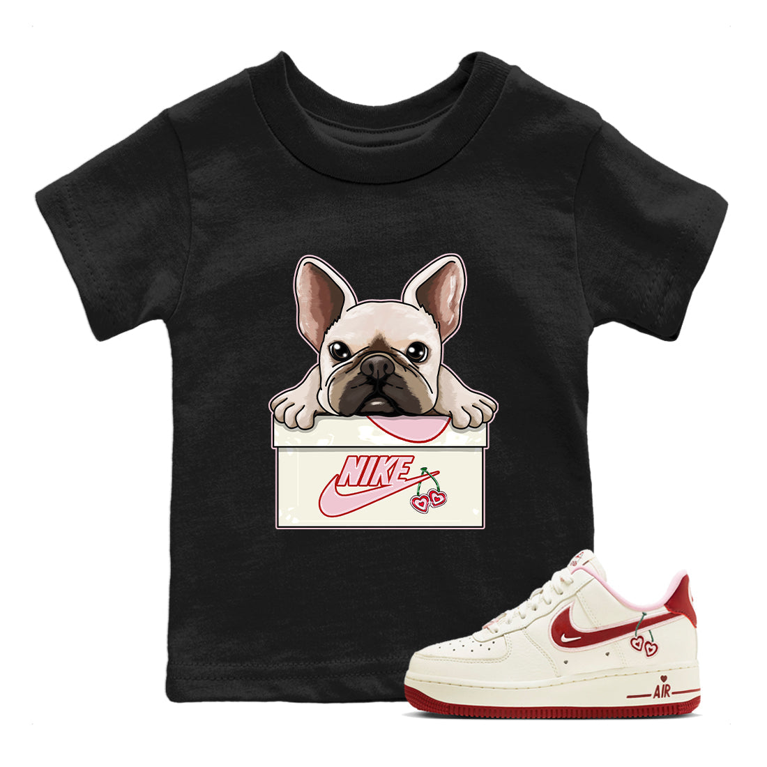 Air Force 1 Valentines Day Sneaker Match Tees French Bulldog Sneaker Tees Air Force 1 Valentines Day Jordan to match sneaker T-Shirt Kids Shirts