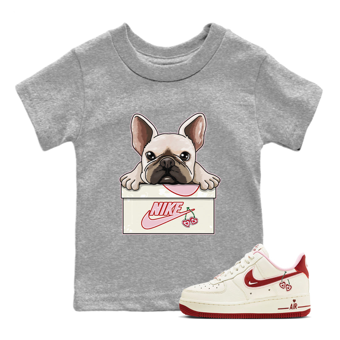 Air Force 1 Valentines Day Sneaker Match Tees French Bulldog Sneaker Tees Air Force 1 Valentines Day Jordan to match sneaker T-Shirt Kids Shirts