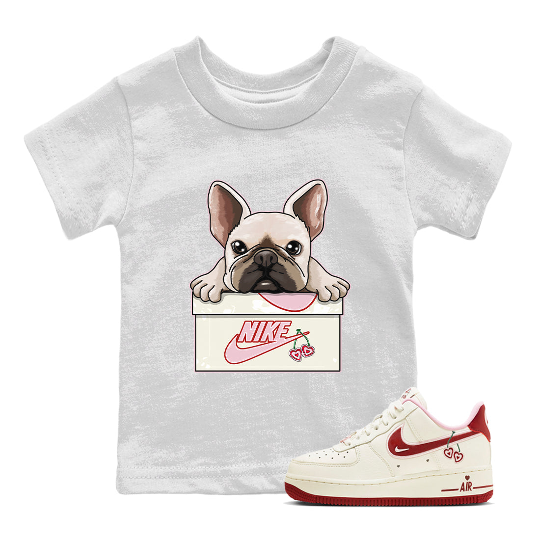 Air Force 1 Valentines Day Sneaker Match Tees French Bulldog Sneaker Tees Air Force 1 Valentines Day Jordan to match sneaker T-Shirt Kids Shirts