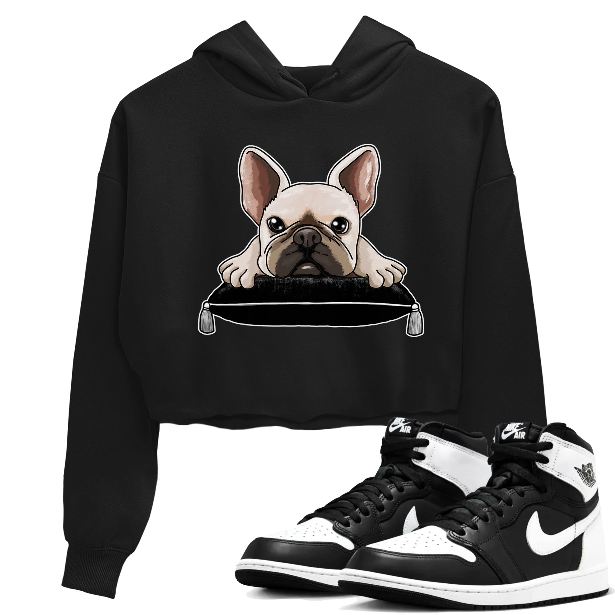 1s Black White shirt to match jordans French Bulldog sneaker tees Air Jordan 1 Black White Drip Gear Zone Black 1 crop length shirt