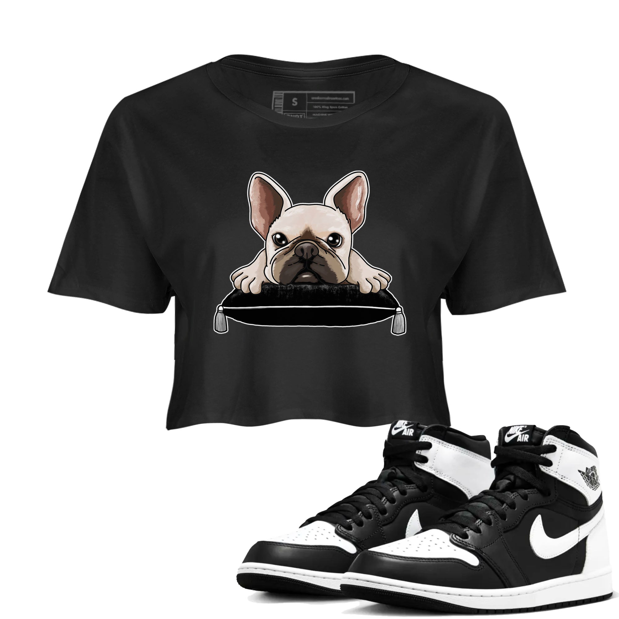 1s Black White shirt to match jordans French Bulldog sneaker tees Air Jordan 1 Black White Drip Gear Zone Black 1 crop length shirt