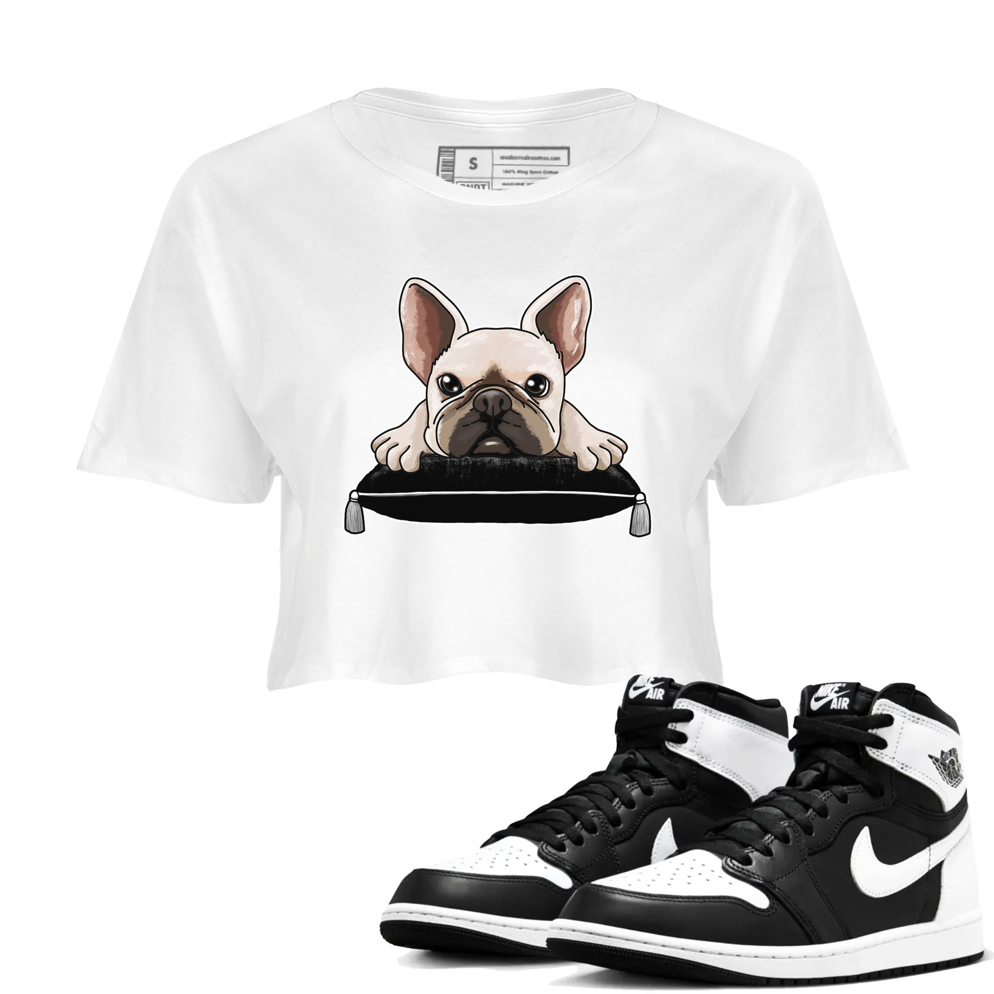 1s Black White shirt to match jordans French Bulldog sneaker tees Air Jordan 1 Black White Drip Gear Zone White 1 crop length shirt