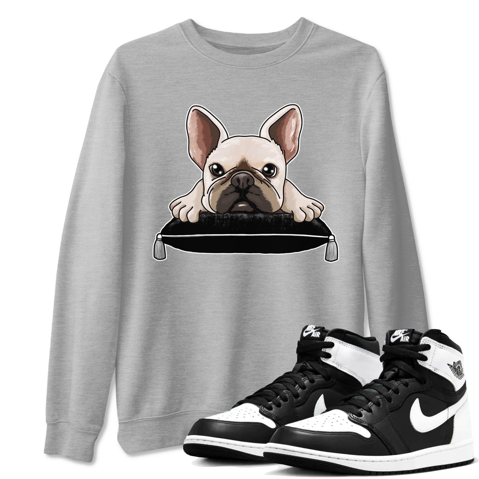 1s Black White shirt to match jordans French Bulldog sneaker tees Air Jordan 1 Black White Drip Gear Zone unisex cotton Heather Grey 1 crew neck shirt