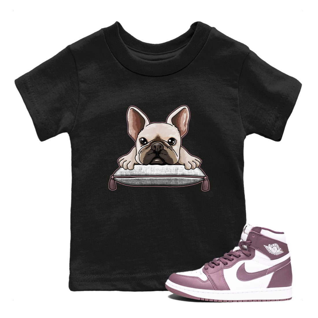 Air Jordan 1 Mauve shirt to match jordans French Bulldog sneaker tees AJ1 Mauve Drip Gear Zone Sneaker Matching Clothing Brand Baby Toddler Black 1 T-Shirt