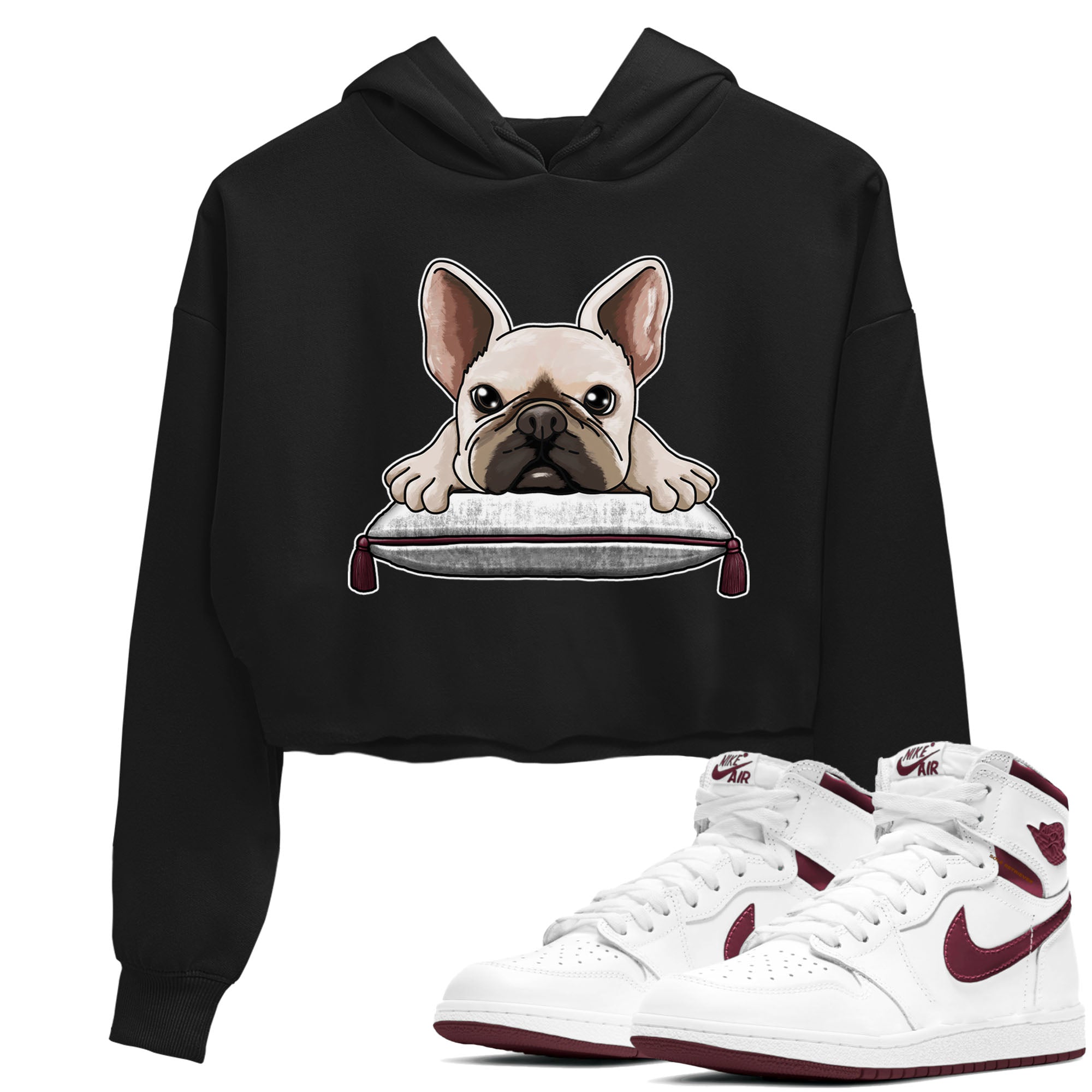 AJ1 Metalic Burgundy shirt to match jordans French Bulldog sneaker tees Air Jordan 1 Metalic Burgundy Drip Gear Zone Black 1 crop length shirt