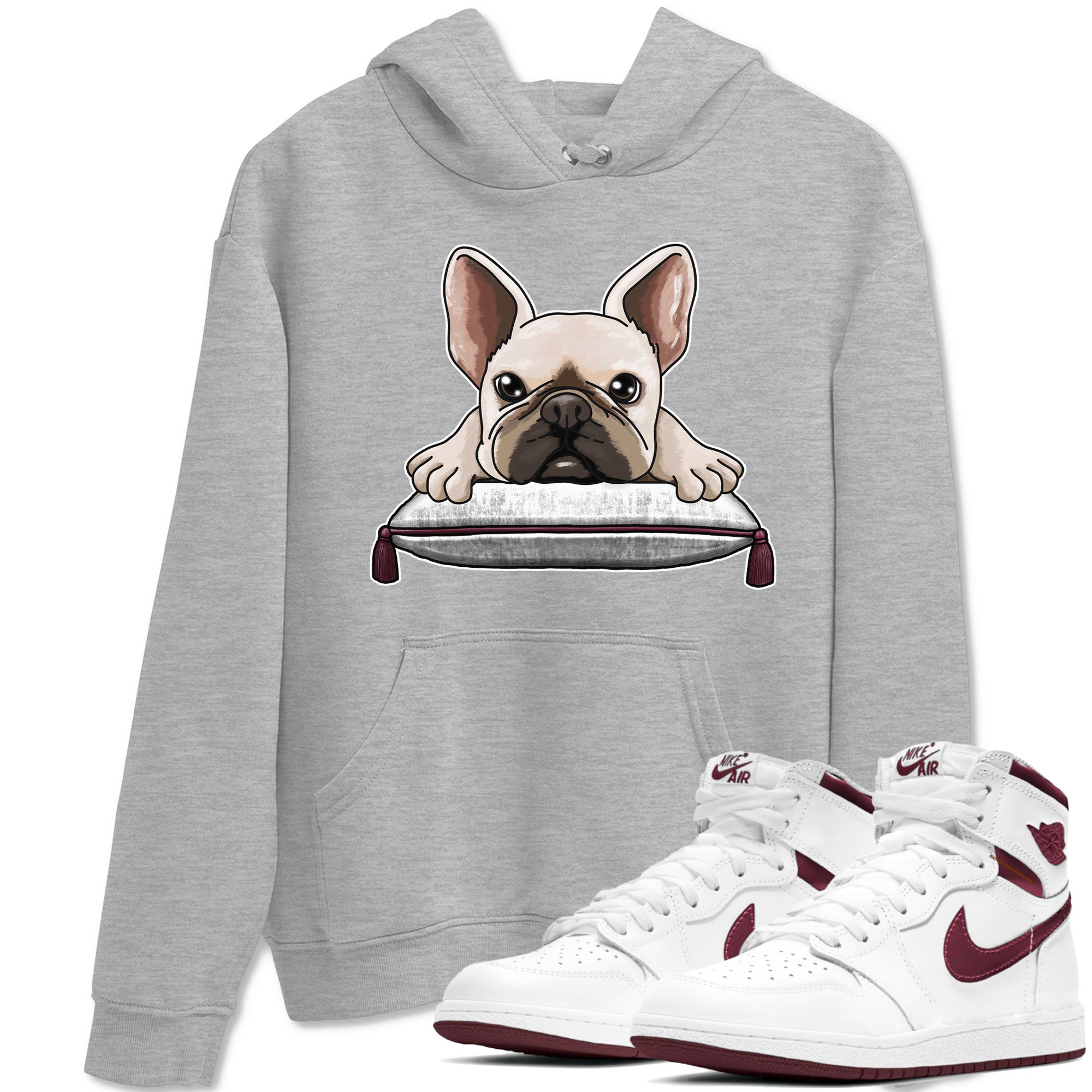 AJ1 Metalic Burgundy shirt to match jordans French Bulldog sneaker tees Air Jordan 1 Metalic Burgundy Drip Gear Zone unisex cotton Heather Grey 1 crew neck shirt