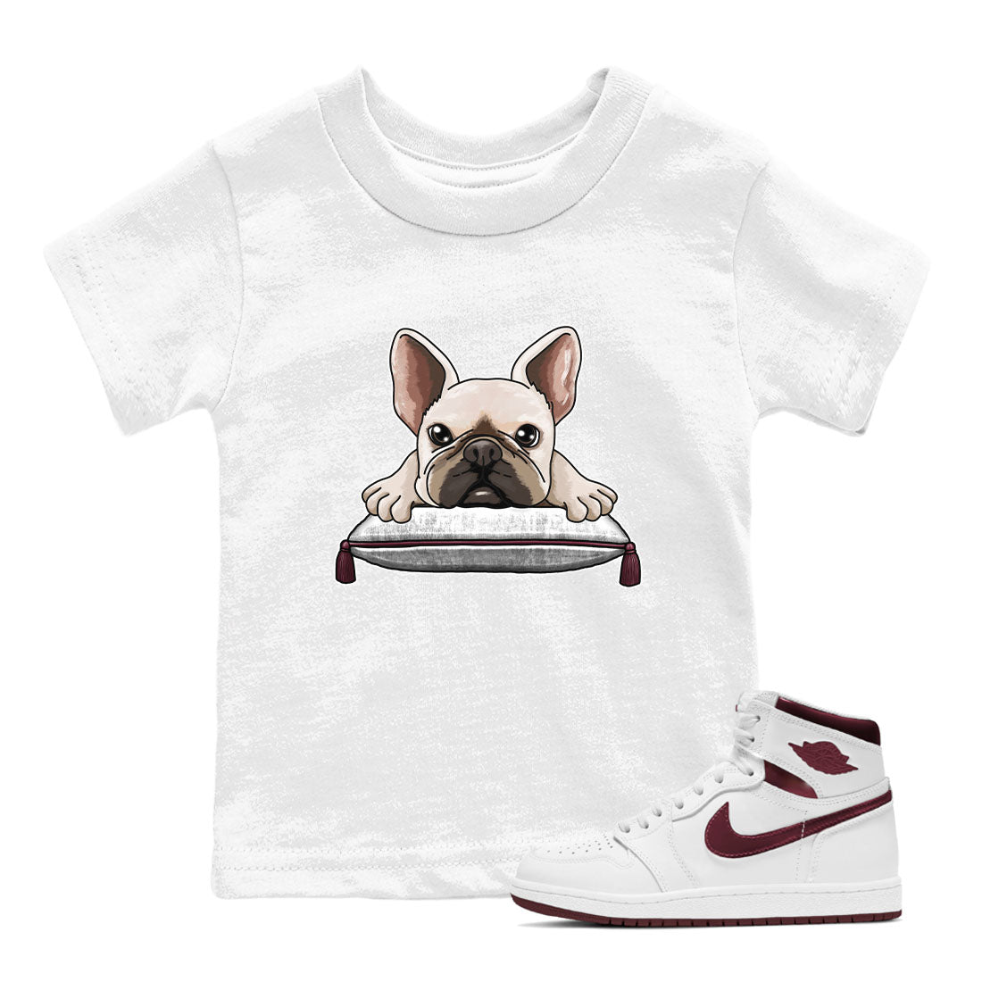 AJ1 Metalic Burgundy shirt to match jordans French Bulldog sneaker tees Air Jordan 1 Metalic Burgundy Drip Gear Zone baby toddler White 1 cotton Shirt