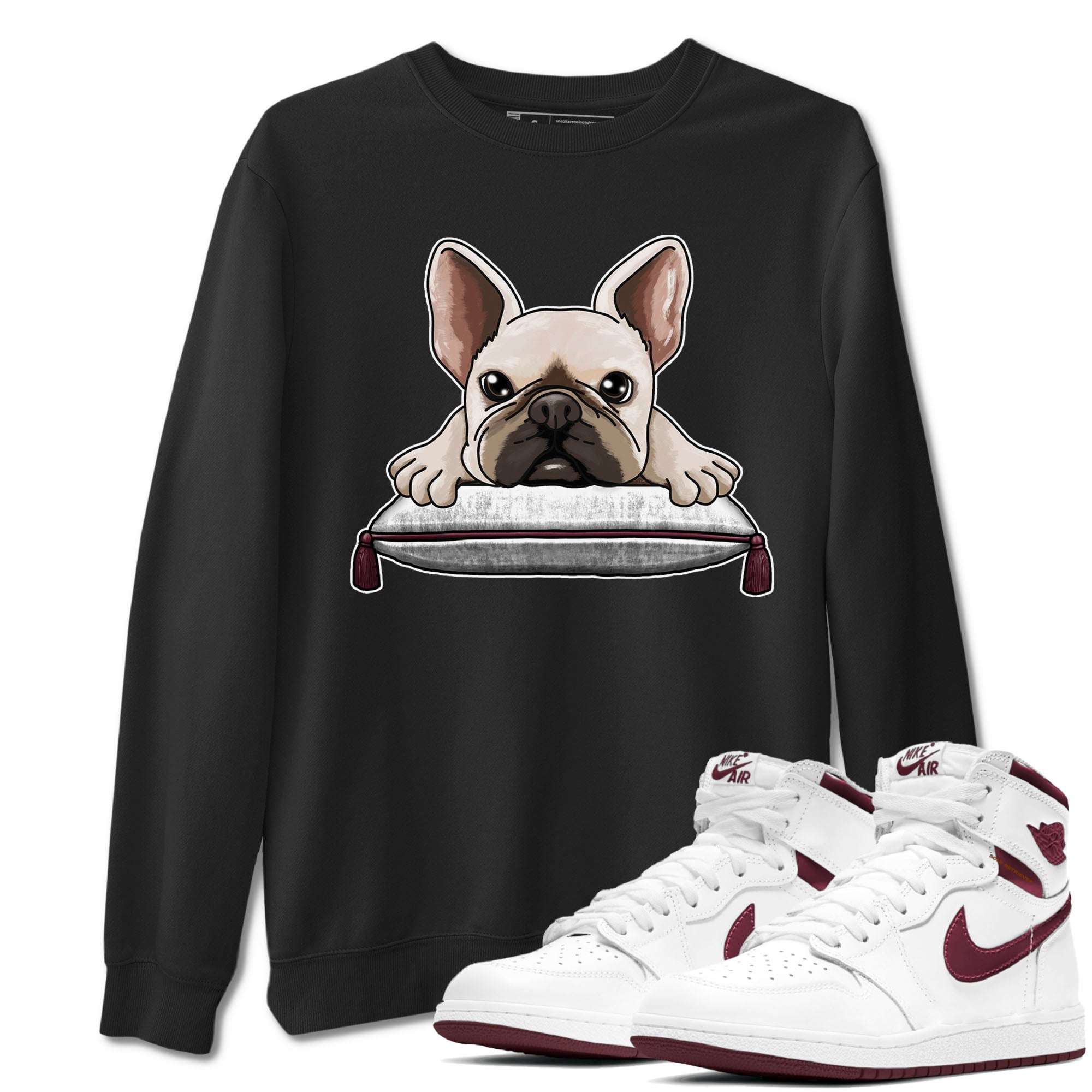 AJ1 Metalic Burgundy shirt to match jordans French Bulldog sneaker tees Air Jordan 1 Metalic Burgundy Drip Gear Zone unisex cotton Black 1 crew neck shirt