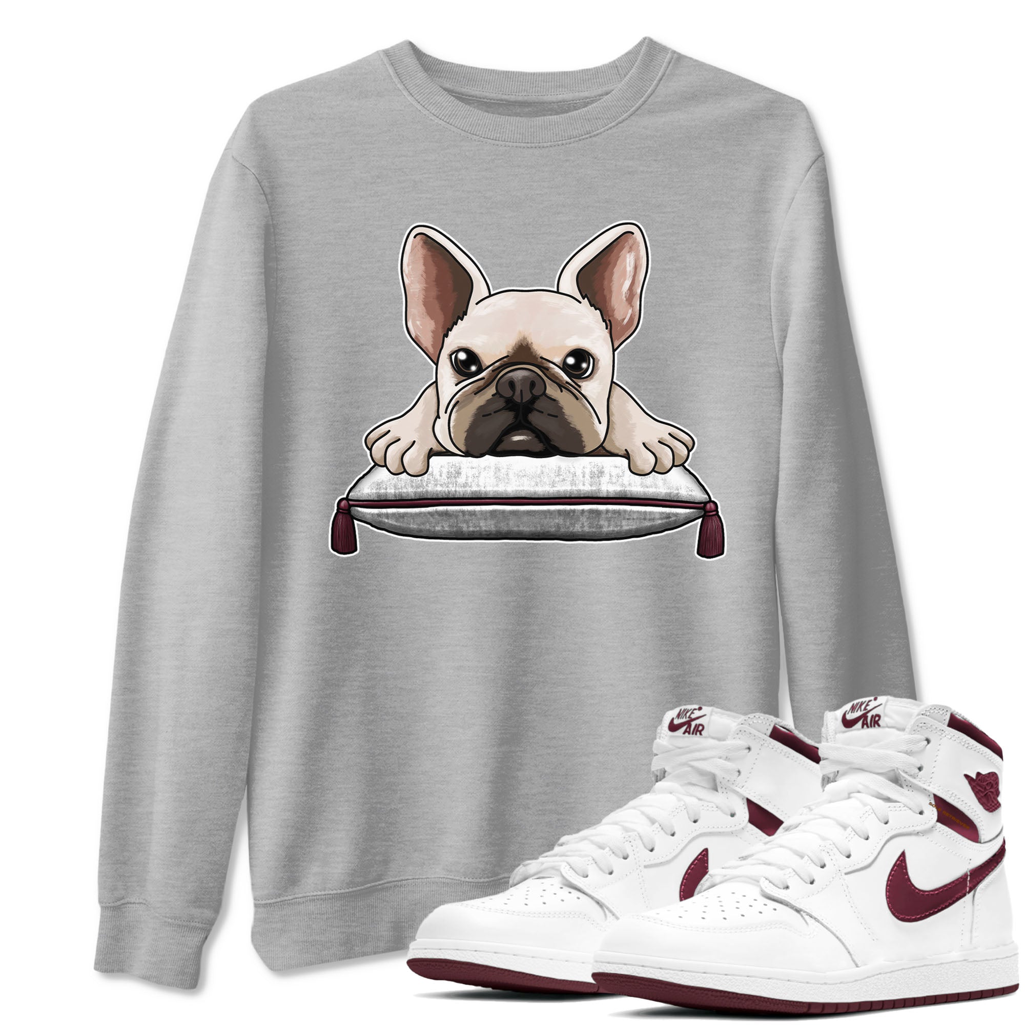 AJ1 Metalic Burgundy shirt to match jordans French Bulldog sneaker tees Air Jordan 1 Metalic Burgundy Drip Gear Zone unisex cotton Heather Grey 1 crew neck shirt
