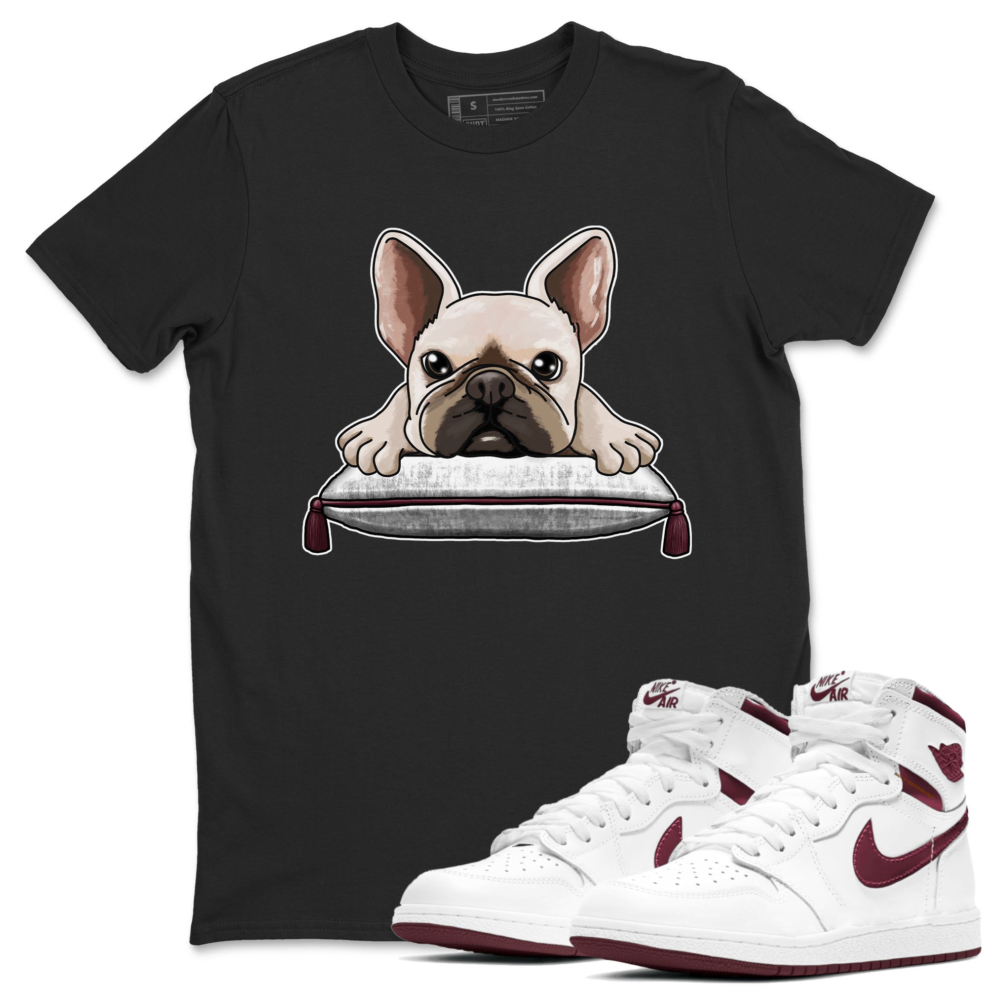 AJ1 Metalic Burgundy shirt to match jordans French Bulldog sneaker tees Air Jordan 1 Metalic Burgundy Drip Gear Zone unisex cotton Black 1 crew neck shirt