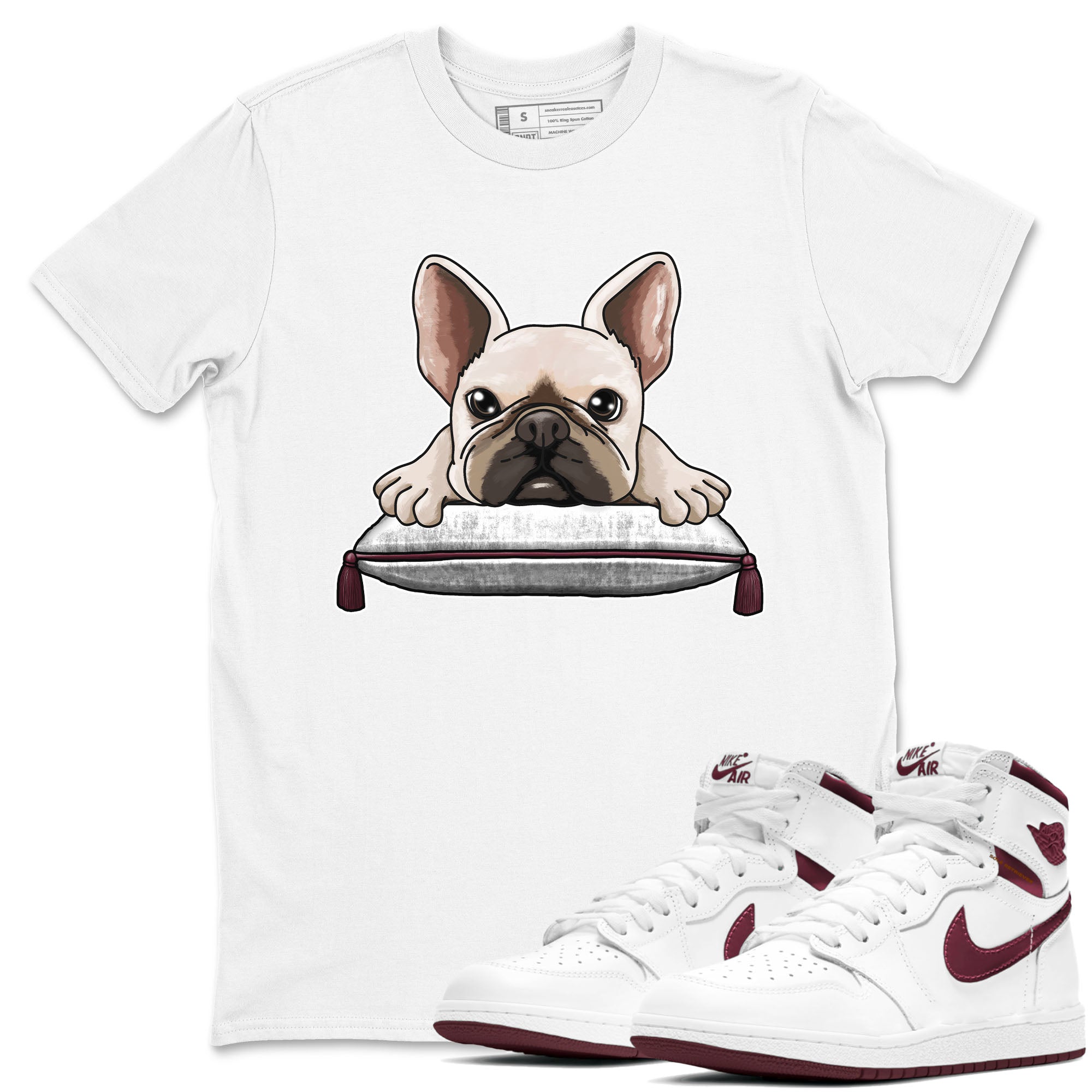 AJ1 Metalic Burgundy shirt to match jordans French Bulldog sneaker tees Air Jordan 1 Metalic Burgundy Drip Gear Zone unisex cotton White 1 crew neck shirt