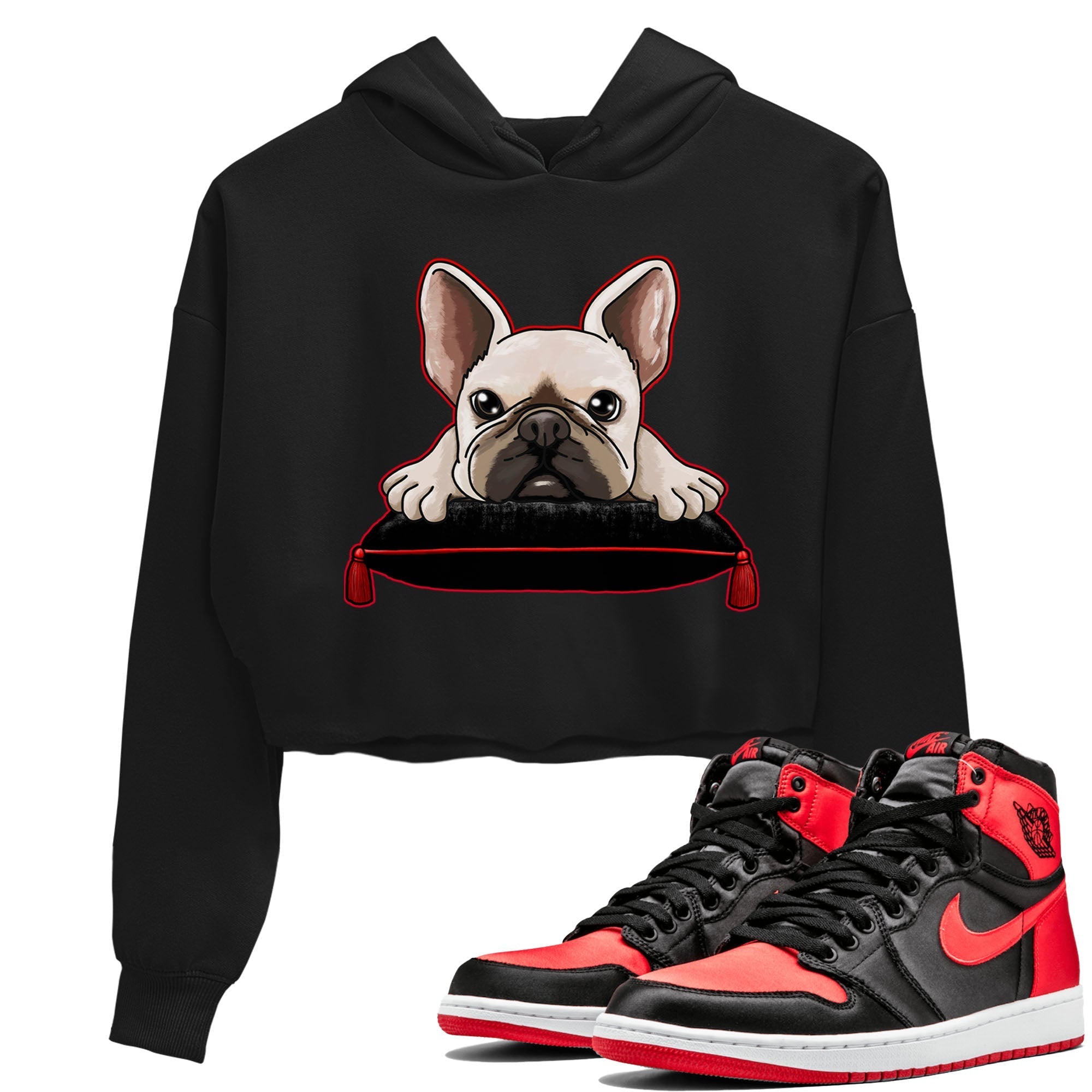 Air Jordan 1 Satin Bred shirt to match jordans French Bulldog sneaker tees AJ1 Retro Satin Bred Drip Gear Zone Sneaker Matching Clothing Brand Black 1 Crop T-Shirt