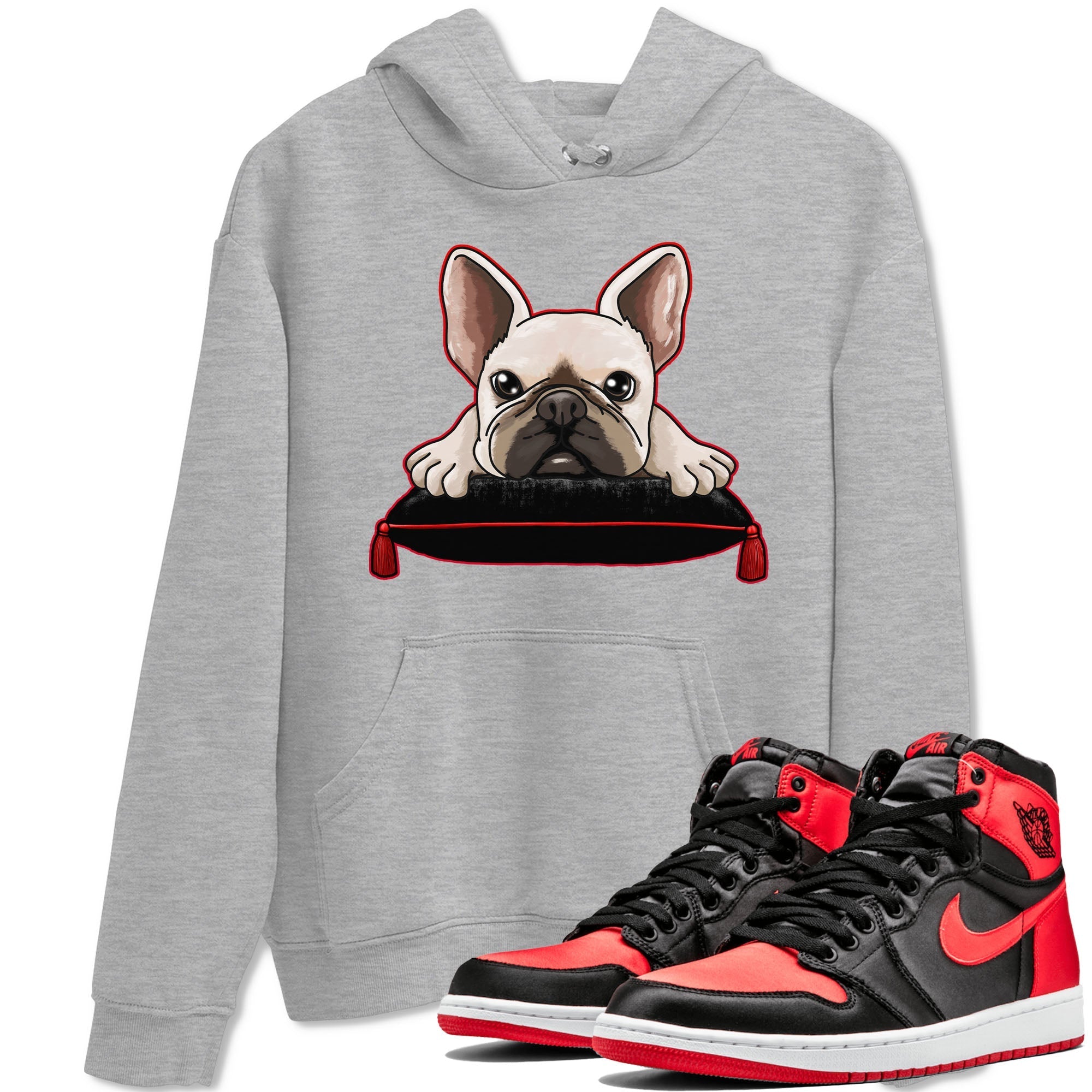 Air Jordan 1 Satin Bred shirt to match jordans French Bulldog sneaker tees AJ1 Retro Satin Bred Drip Gear Zone Sneaker Matching Clothing Brand Unisex Sneaker Tee Heather Grey 1 T-Shirt