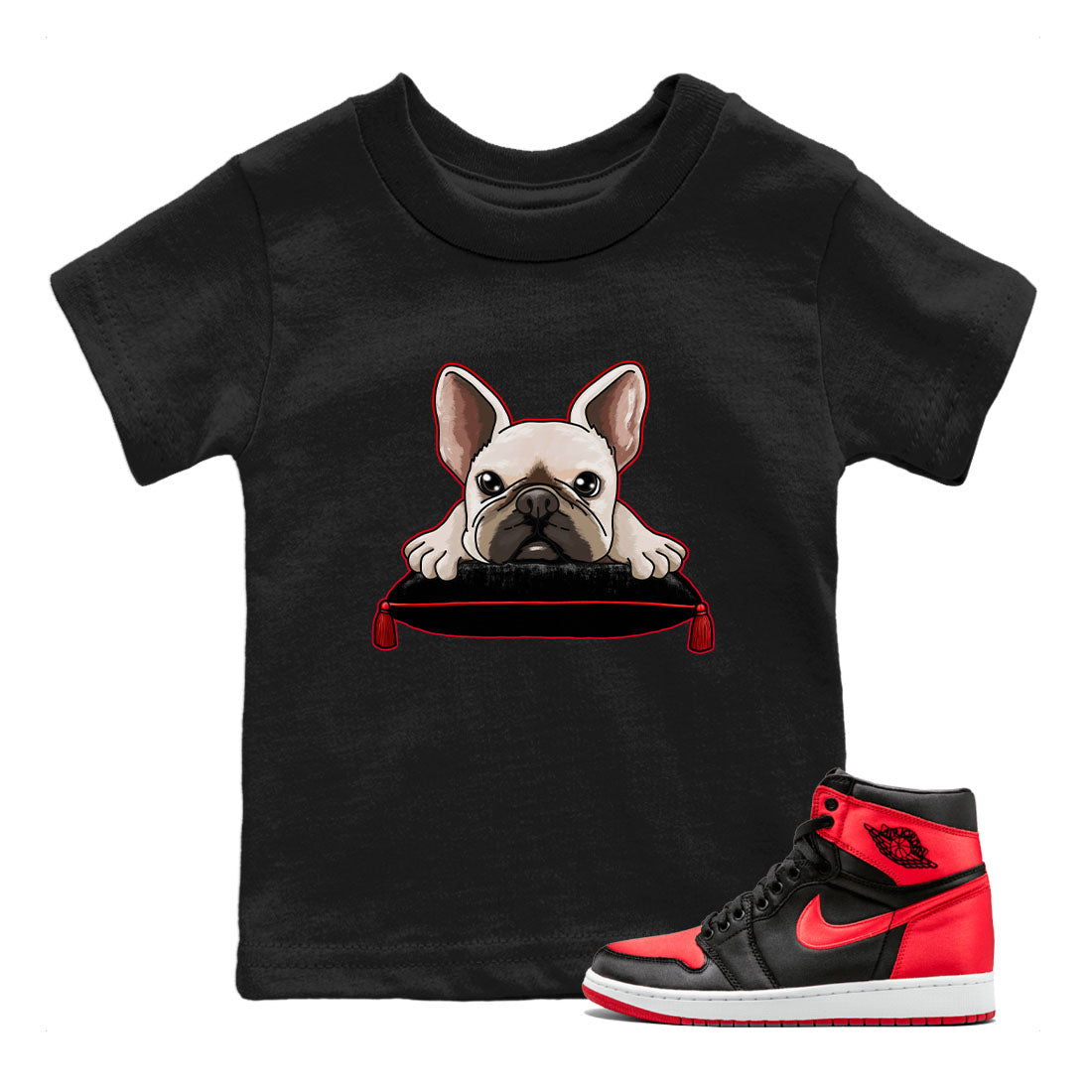 Air Jordan 1 Satin Bred shirt to match jordans French Bulldog sneaker tees AJ1 Retro Satin Bred Drip Gear Zone Sneaker Matching Clothing Brand Baby Toddler Black 1 T-Shirt