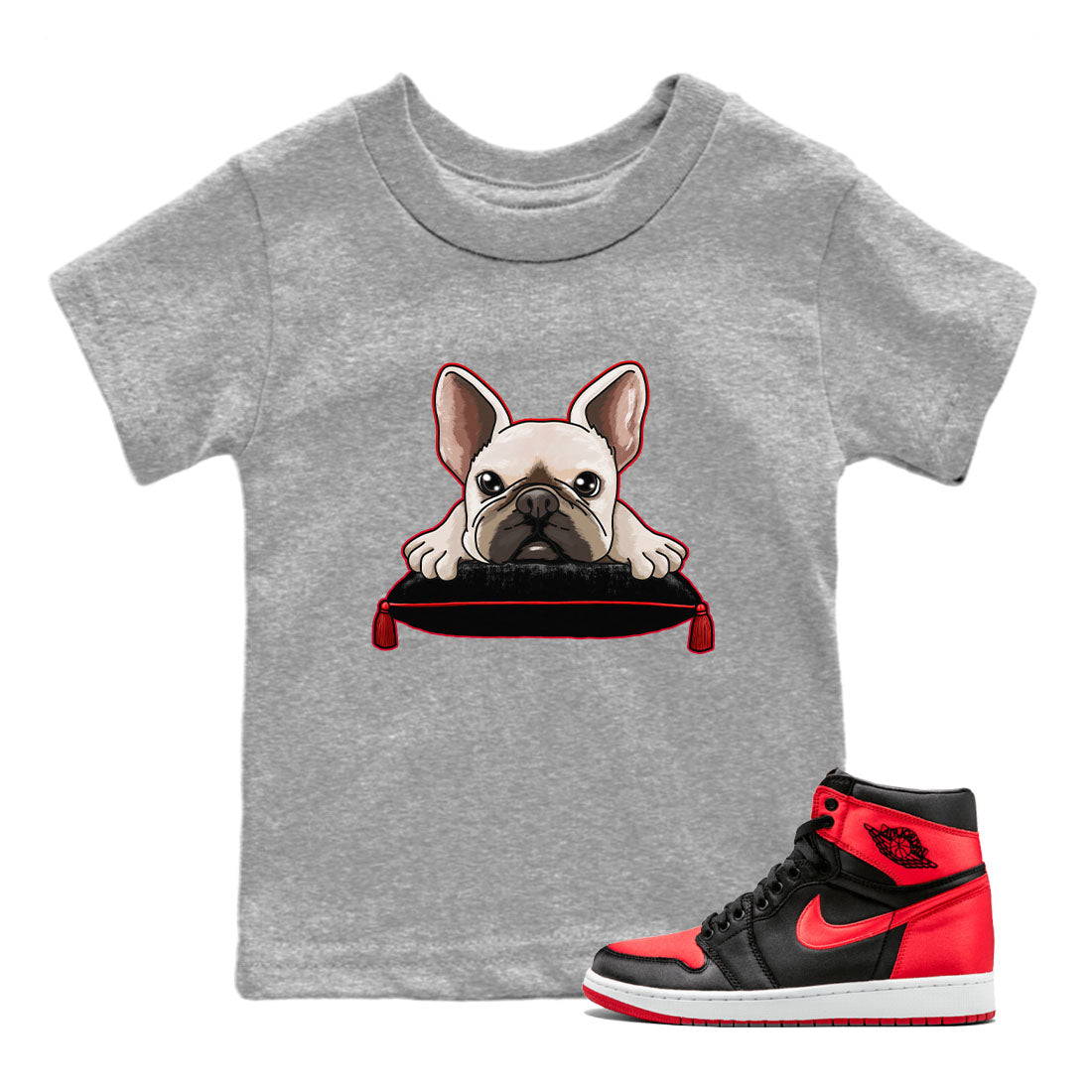 Air Jordan 1 Satin Bred shirt to match jordans French Bulldog sneaker tees AJ1 Retro Satin Bred Drip Gear Zone Sneaker Matching Clothing Brand Baby Toddler Heather Grey 1 T-Shirt