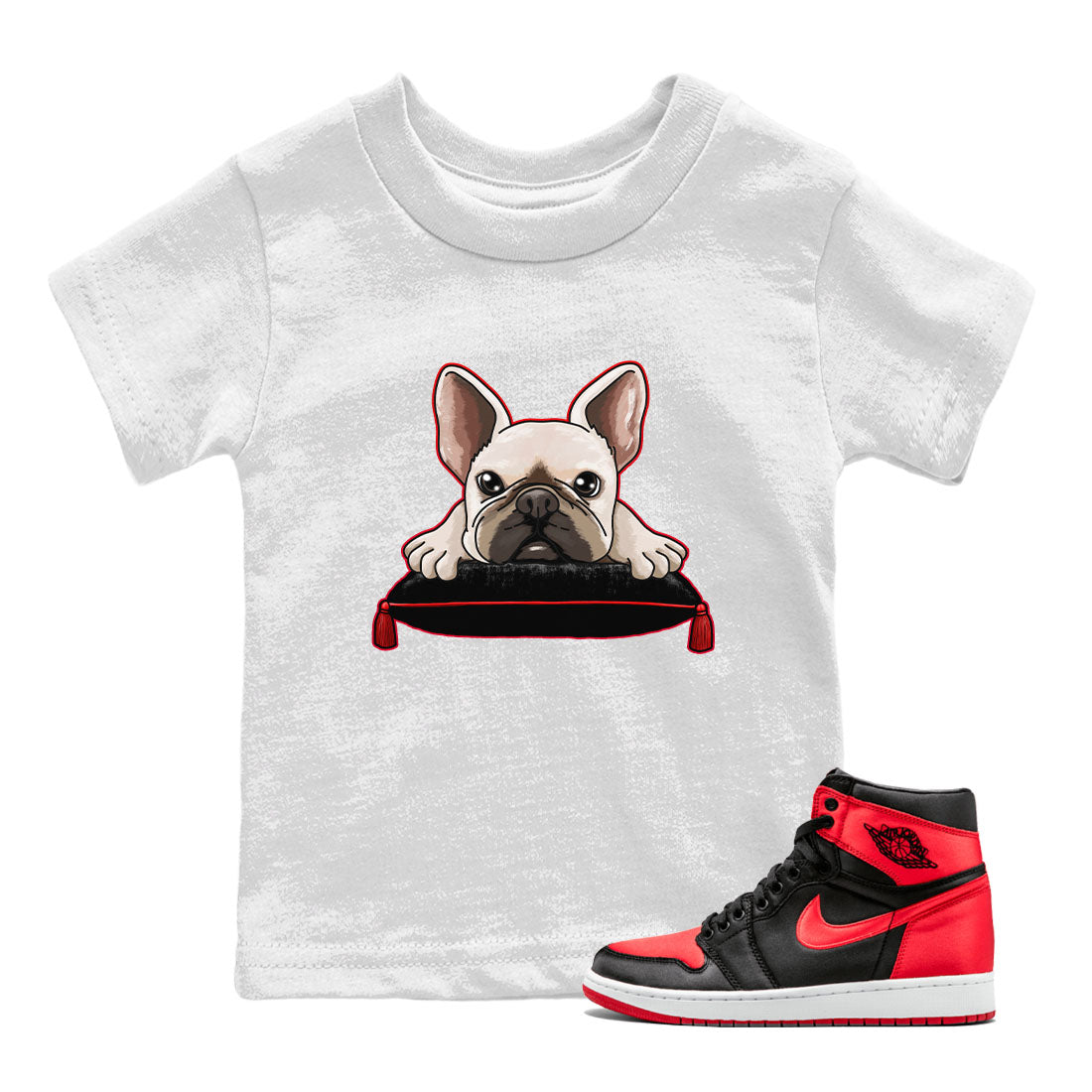 Air Jordan 1 Satin Bred shirt to match jordans French Bulldog sneaker tees AJ1 Retro Satin Bred Drip Gear Zone Sneaker Matching Clothing Brand Baby Toddler White 1 T-Shirt
