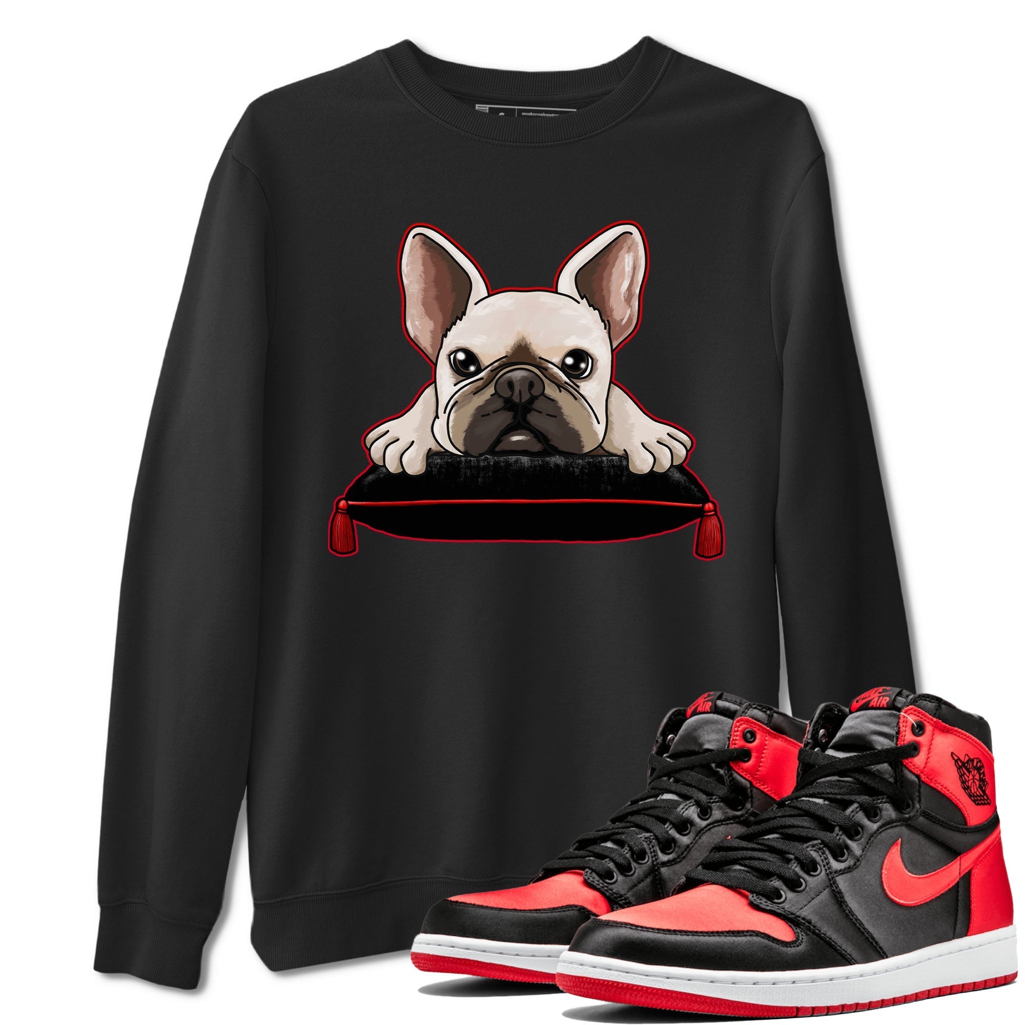Air Jordan 1 Satin Bred shirt to match jordans French Bulldog sneaker tees AJ1 Retro Satin Bred Drip Gear Zone Sneaker Matching Clothing Brand Unisex Sneaker Tee Black 1 T-Shirt