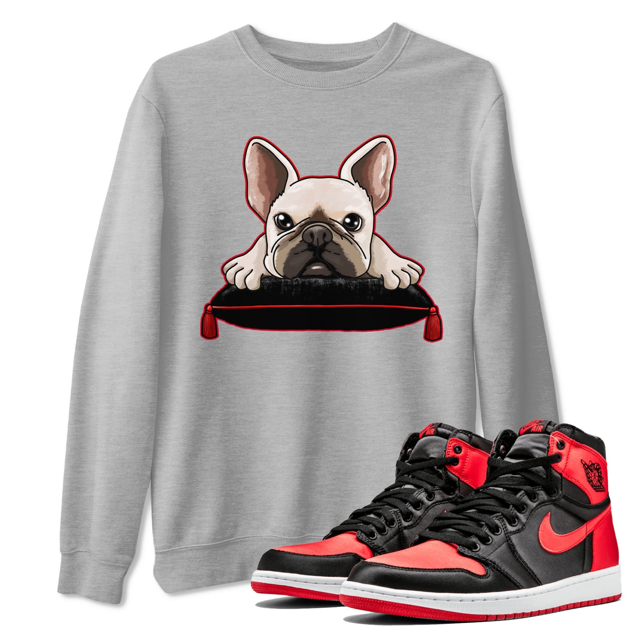 Air Jordan 1 Satin Bred shirt to match jordans French Bulldog sneaker tees AJ1 Retro Satin Bred Drip Gear Zone Sneaker Matching Clothing Brand Unisex Sneaker Tee Heather Grey 1 T-Shirt