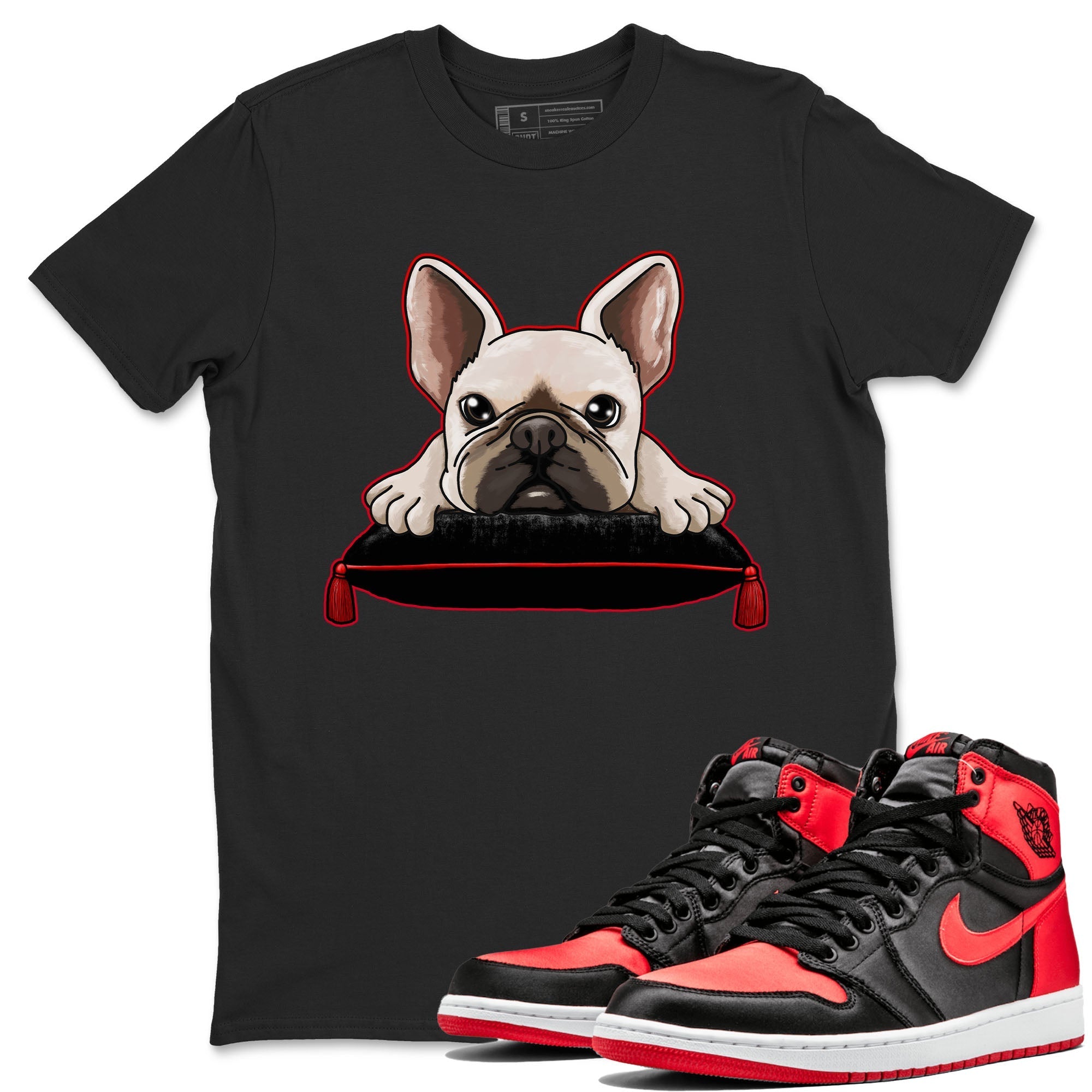 Air Jordan 1 Satin Bred shirt to match jordans French Bulldog sneaker tees AJ1 Retro Satin Bred Drip Gear Zone Sneaker Matching Clothing Brand Unisex Sneaker Tee Black 1 T-Shirt